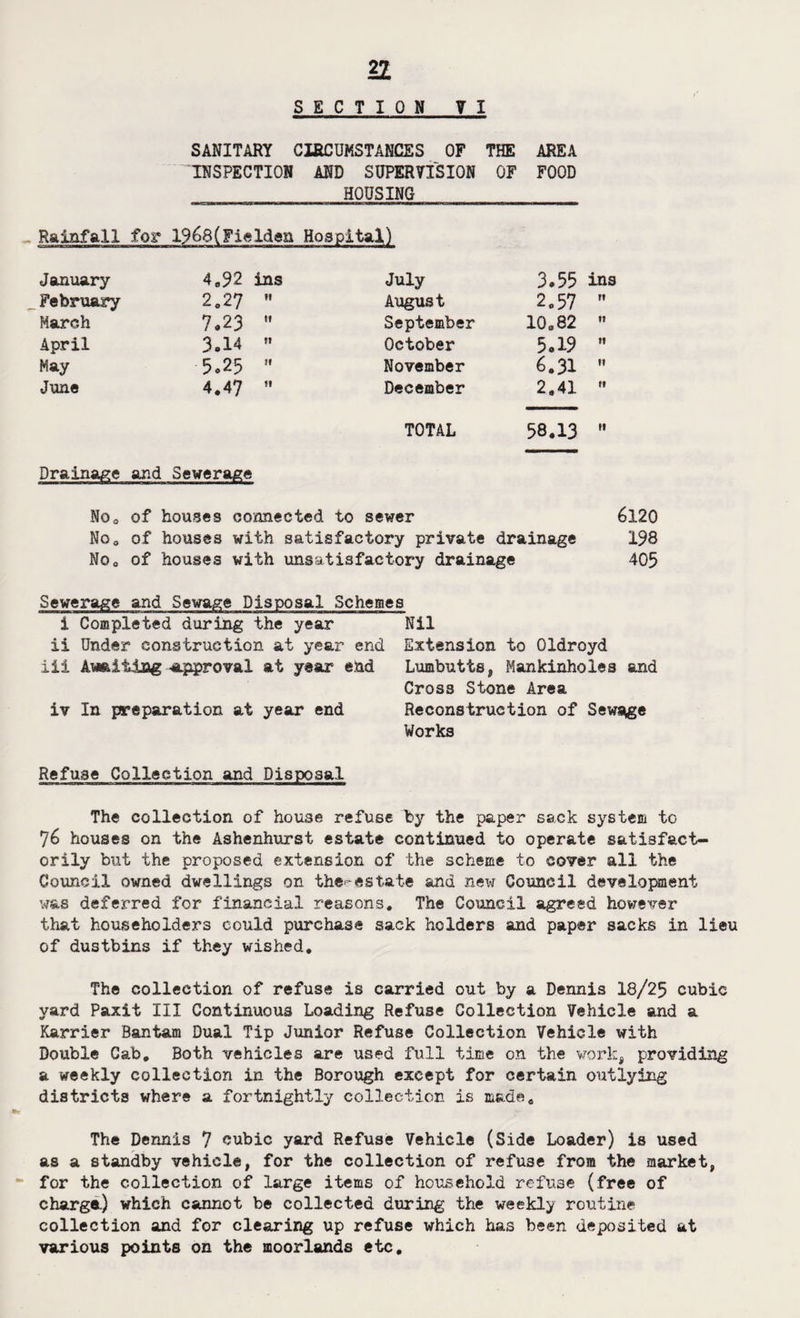 22 SECTI 0 N_V I SANITARY CIRCUMSTANCES OF THE AREA INSPECTION AND SUPERVISION OF FOOD HOUSING - Rainfall fog (FieIdan Hospital,) January 4,92 ins July 3.33 February 2,27  August 2.57 March 7*23  September 10.82 April 3.14  October 5.19 May 5*25  November 6.31 June 4.47  December 2,41 TOTAL 58.13  Drainage and Sewerage Noa of houses connected to sewer 6120 No. of houses with satisfactory private drainage 198 No, of houses with unsatisfactory drainage 405 Sewerage and Sewage Disposal Schemes i Completed during the year ii Under construction at year end iii Amiting -approval at year end iv In preparation at year end Nil Extension to Oldroyd Luabutte, Mankinholes and Cross Stone Area Reconstruction of Sews^ge Works Refuse Collection and Disposal The collection of house refuse by the paper sack system to 76 houses on the Ashenhurst estate continued to operate satisfact¬ orily but the proposed extension of the scheme to cover all the Council owned dwellings on the-estate and new Council development was deferred for financial reasons. The Council agreed however that householders could purchase sack holders and paper sacks in lieu of dustbins if they wished. The collection of refuse is carried out by a Dennis 18/25 cubic yard Paxit III Continuous Loading Refuse Collection Vehicle and a Karrier Bantam Dual Tip Junior Refuse Collection Vehicle with Double Cab, Both vehicles are used full time on the work, providing a weekly collection in the Borough except for certain outlying districts where a fortnightly collection is made. The Dennis 7 cubic yard Refuse Vehicle (Side Loader) is used as a standby vehicle, for the collection of refuse from the market, for the collection of large items of household refuse (free of charge.) which cannot be collected during the weekly routine collection and for clearing up refuse which has been deposited at various points on the moorlands etc.