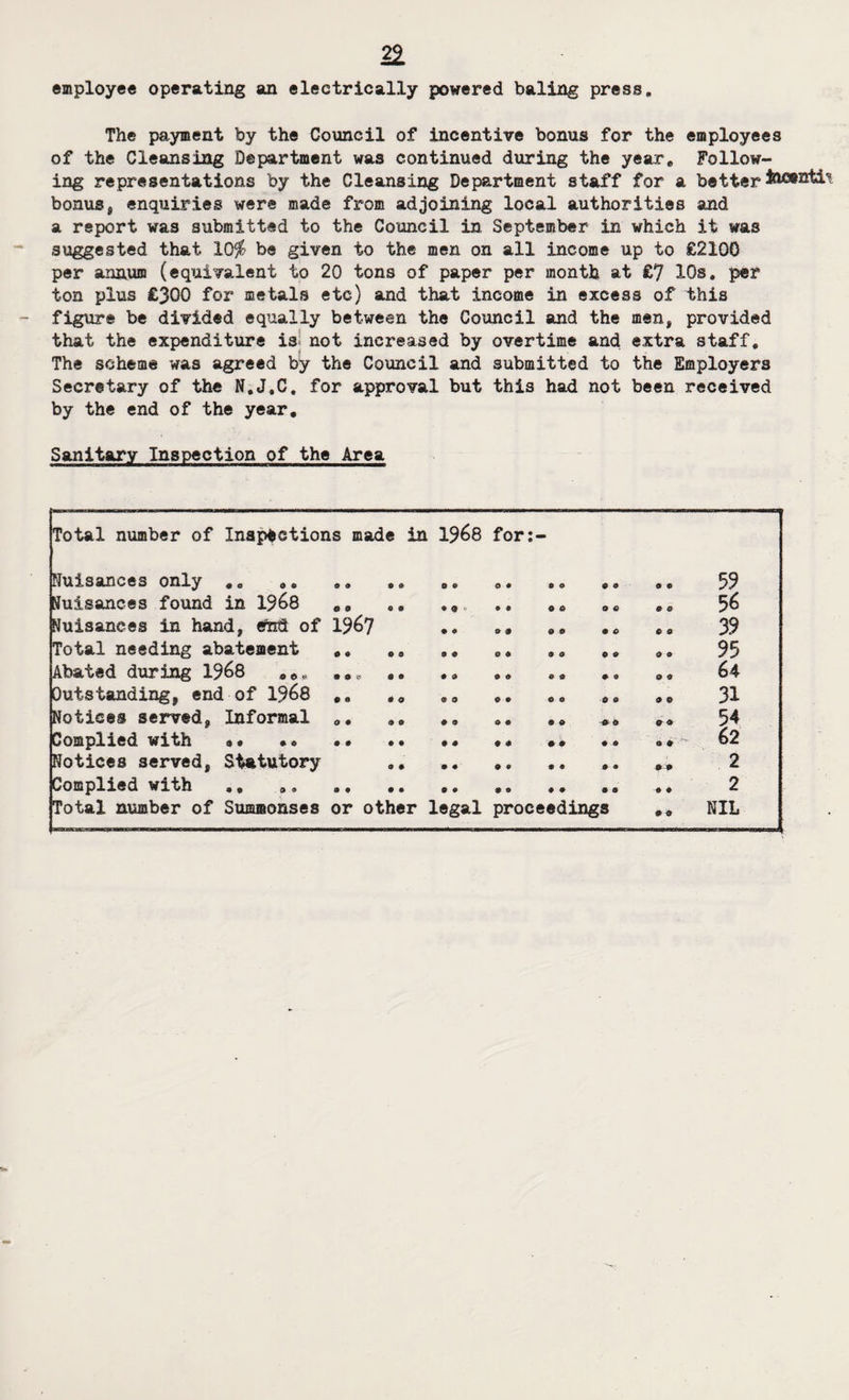 22 employee operating an electrically powered baling press. The payment by the Council of incentive bonus for the employees of the Cleansing Department was continued during the year. Follow¬ ing representations by the Cleansing Department staff for a better bonus, enquiries were made from adjoining local authorities and a report was submitted to the Council in September in which it was suggested that 10% be given to the men on all income up to £2100 per annum (equivalent to 20 tons of paper per month at £7 10s, per ton plus £300 for metals etc) and that income in excess of this figure be divided equally between the Council and the men, provided that the expenditure is not increased by overtime and extra staff. The scheme was agreed by the Council and submitted to the Employers Secretary of the N.J.C, for approval but this had not been received by the end of the year. Sanitary Inspection of the Area Total number of Inspections made in 19&8 for:- Nuisance3 only „„ ,, .. ,» 0. , Nuisances found in 19&8 <>. .. « Nuisances in hand, end of 19&7 Total needing abatement Abated during 19&8 Outstanding, end of 19^8 ,, Notices served, Informal Complied with »• •» •• •• •« •« •• • Notices served, Statutory ». Complied with 9„ ,, . me 09 & 9 9 0 co 9 0 0 9 9 0 9 0 9 9 9 9 9 0 O O O O 9 0 9 9 0 9 9 0 9 0 0 9 9 9 ~9 9 9 9 *9 59 56 39 95 64 31 54 62 2 2