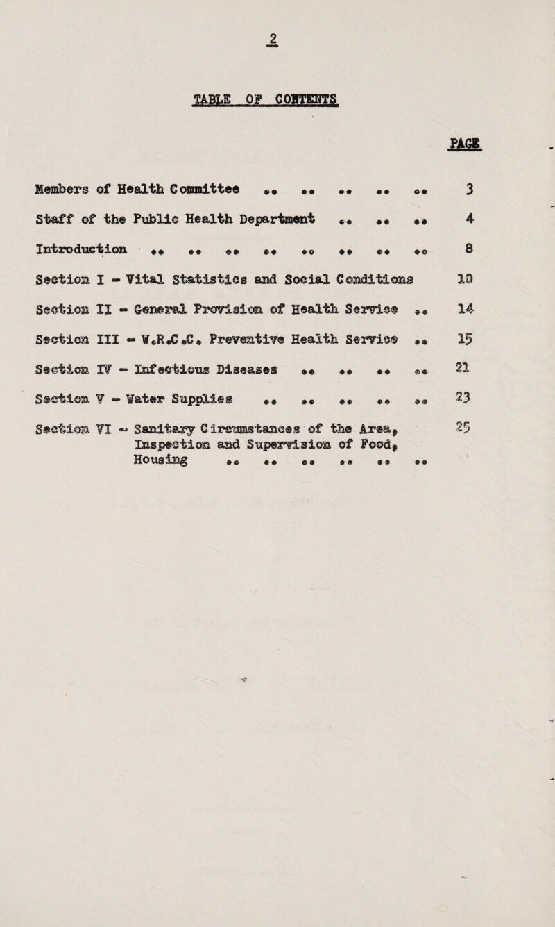 fAjfrE.Qg GOWm. im. Members of Health Committee *• •• «• • • 0* 3 Staff of the Public Health Department .* «« 4 Introduction • • • • «• «« «o #• ©• *o 8 Section I - Vital Statistics and Social Conditions 10 Section II - General Provision ©f Health Service • • 14 Section III -W*R*C«C* Preventive Health Service »* 15 Section I? - Infectious Diseases •• •• •• ©* 21 Section ¥ «»¥at@r Supplies «« *« «« «« 23 Section ¥1 « Sanitary Circumstances of the Areaf 25 Inspection and Supervision of Food* Housing »« •• «• »• •« •«