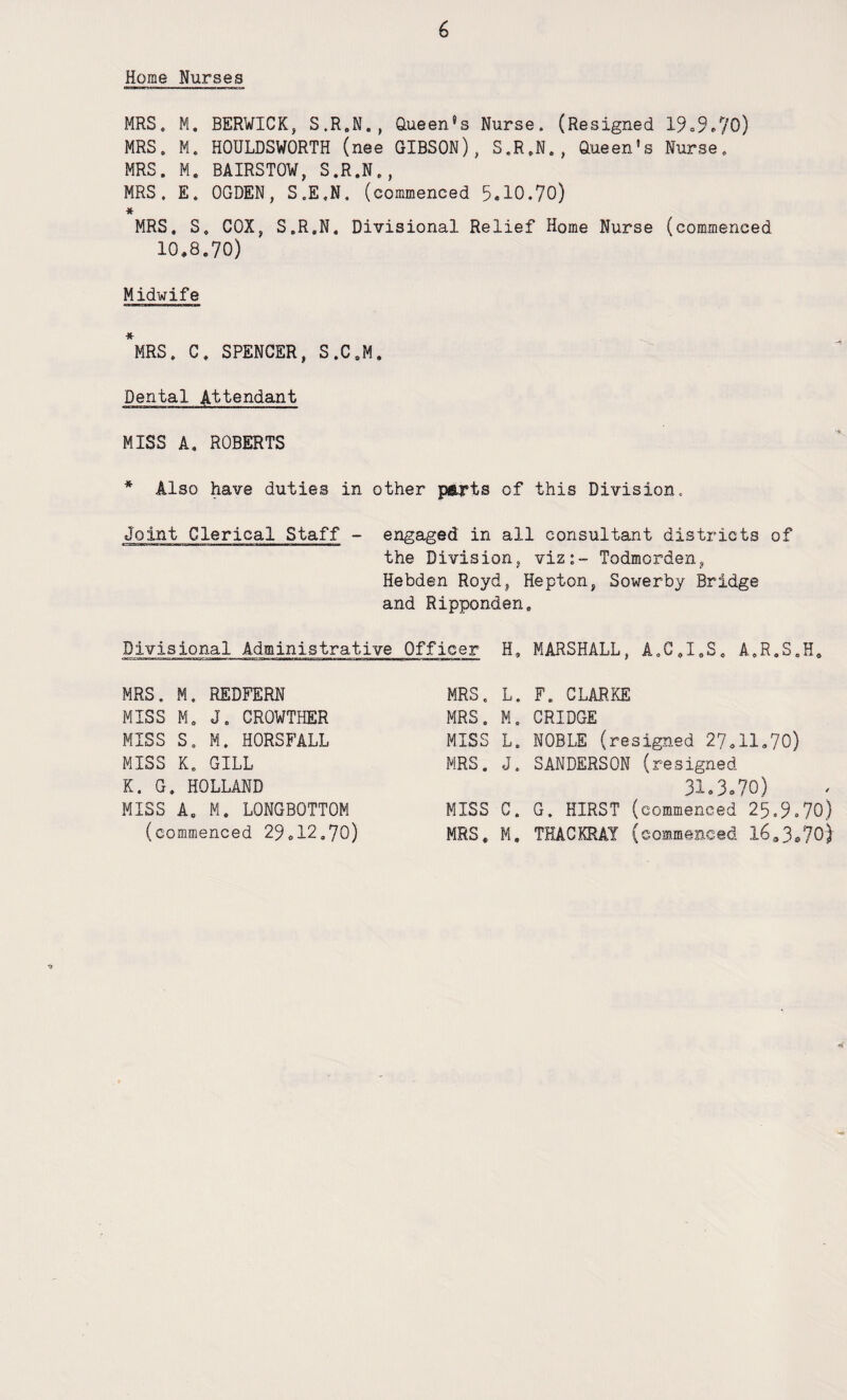 Home Nurses MRS. M. BERWICK, S.R.N., Queers Nurse. (Resigned 19.9.70) MRS. M. HOULDSWORTH (nee GIBSON), S.R.N., Queen's Nurse. MRS. M. BAIRSTOW, S.R.N., MRS. E. OGDEN, S.E.N. (commenced 5.10.70) * MRS. S. COX, S.R.N. Divisional Relief Home Nurse (commenced 10.8.70) Midwife MRS. C. SPENCER, S.C.M, Dental Attendant MISS A. ROBERTS * Also have duties in other parts of this Division. Joint Clerical Staff - engaged in all consultant districts of the Division, viz:- Todmorden, Hebden Royd, Hepton, Sowerby Bridge and Ripponden. Divisional Administrative Officer H, MARSHALL, A.C.I.S. A.R.S.H, MRS. M. REDFERN MRS. L. F. CLARKE MISS M. J. CROWTHER MRS. M. CRIDGE MISS S. M. HORSFALL MISS L. NOBLE (resigned 27,11,70) MISS K. GILL MRS. J. SANDERSON (resigned K. G. HOLLAND 31.3.70) MISS A. M. L0NGB0TT0M MISS C. G. HIRST (commenced 25.9.70) (commenced 29.12.70) MRS, M. THACKRAY (commenced 16.3.70)