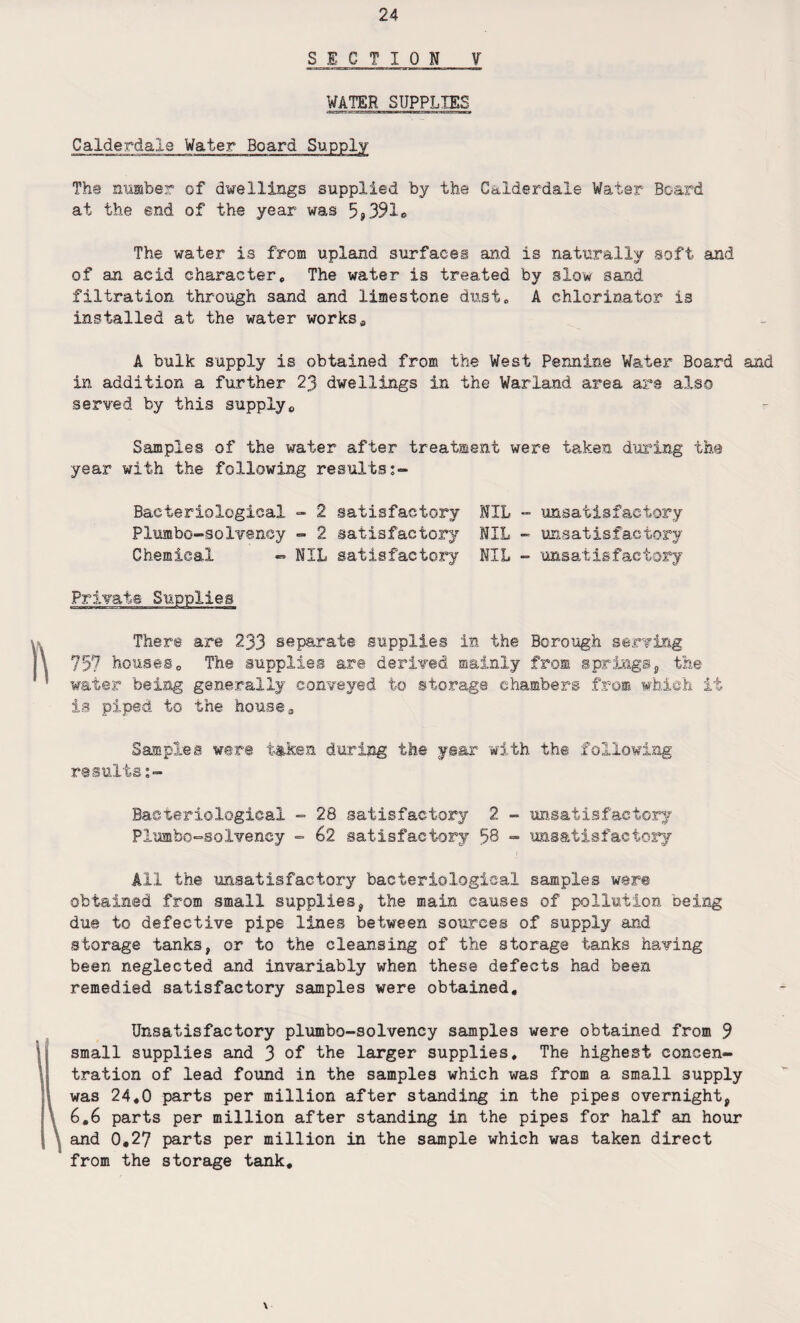 SECTION V WATER SUPPLIES Calderdale Water Board Supply Th® number of dwellings supplied by the Calderdale Water Beard at the end of the year was 5»391«> The water is from upland surfaces and is naturally soft and of an acid character, The water is treated by slow sand filtration through sand and limestone dust,, A chlorinator is installed at the water works * A bulk supply is obtained from the West Pennine Water Board and in addition a further 23 dwellings in the Warland area are also served by this supply0 Samples of the water after treatment were taken during the year with the following results Bacteriological - 2 satisfactory NIL - unsatisfactory Plumbo-soIvensy - 2 satisfactory NIL - unsatisfactory Chemical - NIL satisfactory NIL - unsatisfactory Private Supplies There are 233 separate supplies in the Borough serving 757 houses0 The supplies are derived mainly from springs, the water being generally conveyed to storage chambers from which it is piped to the house 3 Samples were taken during the year with the following results:- Bacteriological - 28 satisfactory 2 - unsatisfactory Plumbo-solvency - 62 satisfactory 58 - unsatisfactory All the unsatisfactory bacteriological samples were obtained from small supplies* the main causes of pollution being due to defective pipe lines between sources of supply and storage tanks, or to the cleansing of the storage tanks having been neglected and invariably when these defects had been remedied satisfactory samples were obtained. Unsatisfactory plumbo-solvency samples were obtained from 9 small supplies and 3 of the larger supplies. The highest concen¬ tration of lead found in the samples which was from a small supply was 24,0 parts per million after standing in the pipes overnight, 6,6 parts per million after standing in the pipes for half an hour and 0,27 parts per million in the sample which was taken direct from the storage tank.