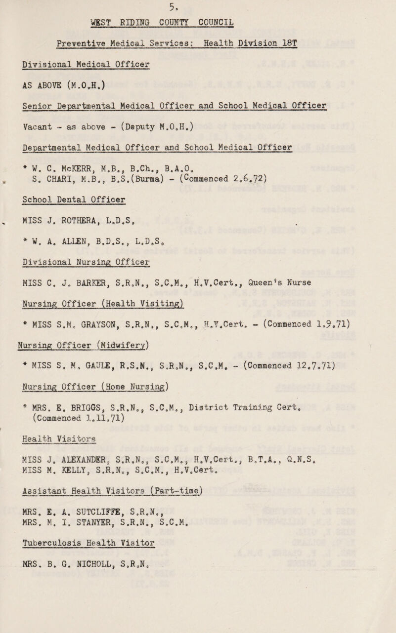 WEST RIDING COUNTY COUNCIL Preventive Medical Services; Health Division 18T Divisional Medical Officer AS ABOVE Senior Departmental Medical Officer and School Medical Officer Vacant - as above - (Deputy M.0,H.) Departmental Medical Officer an.d School Medical Officer * W. C. McKERR, M.B.j BoCh., B,A.O, S. CHARI, H,B,, B.S.(Burma) - (Commenced 2,6,J2) School Dental Officer MISS J. ROTHERA, L,D,S, * W. A. ALLEN, B.D.S., L,D,S, Divisional Nursing Officer MISS C. J, BARKER, S.R,N,, S.C.M., H,V.Cert,j Queen«s Nurse Nursing Officer (Health Visiting) * MISS S.M, GRAYSON, S.R.N,, S.C,M,, H,V.Gert. - (Commenced 1,9»71) Nursing Officer (Midwifery) * MISS S. M, GAULE, R.S.N., S,R,N,, S.C,M, - (Commenced 12^7,71) Nursing Officer (Home Nursing) *■ MRS. E. BRIGGS, S.R.N,, S.C.M., District Training Cert, (Commenced 1*11,71) Health Visitors MISS J, ALEXANDER, S.R,N,, S.C.M*, H.V.Cert*, B,T,A., Q.N.S, MISS M. KELLY, S.R.N*, S.C,M., H*V.Cert. Assistant Health Visitors (Part-time) MRS. E. A. SUTCLIFFE, S.R.N., MRS. M. I. STANYER, S.R.N., S.C.M, Tuberculosis Health Visitor MRS. B. G. NICHOLL, S.R,N,