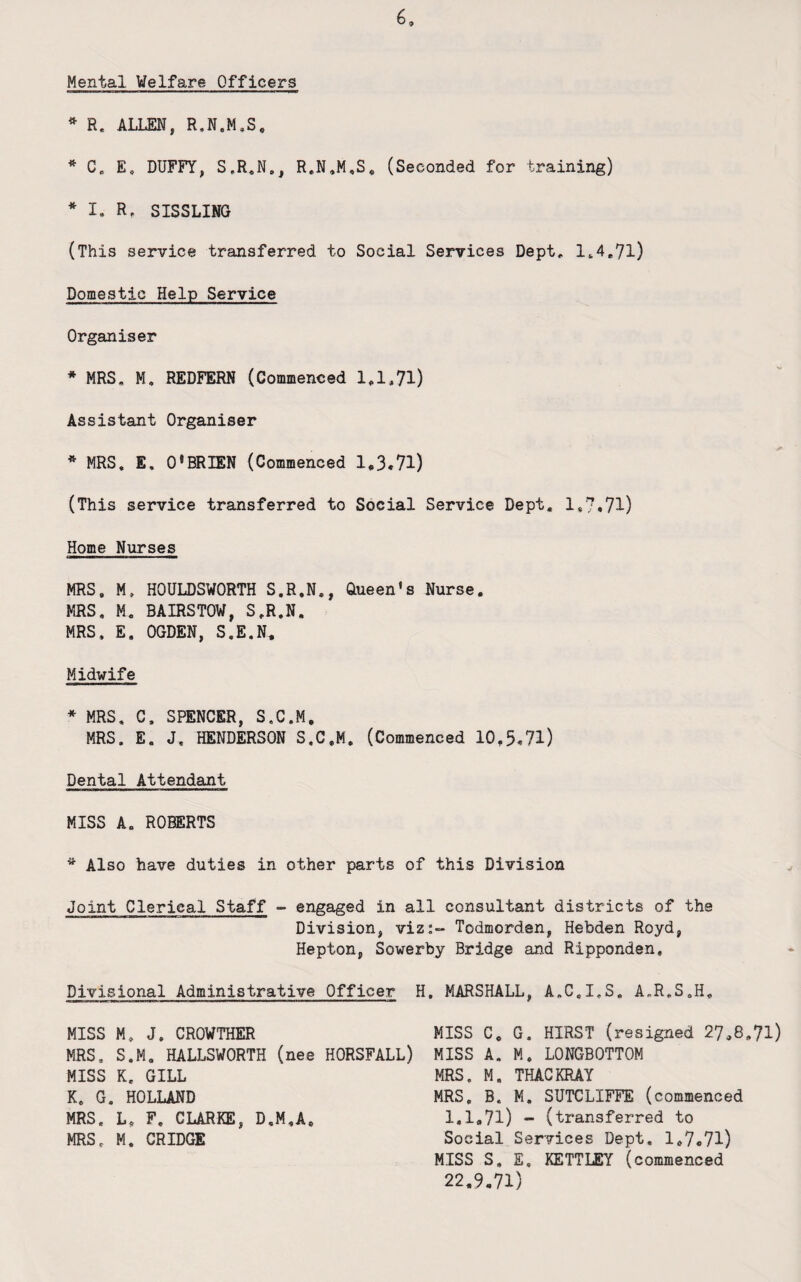 Mental Welfare Officers R. ALLEN, R.N.M.S, * C, E, DUFFY, S.R,N., R.N,M,S, (Seconded for training) * I, R. SISSLING (This service transferred to Social Services Dept, l»4,7l) Domestic Help Service Organiser * MRS. M, REDFERN (Commenced 1,1,71) Assistant Organiser * MRS. E, 0‘BRIEN (Commenced 1.3*71) (This service transferred to Social Service Dept. 1.7*71) Home Nurses MRS. M. HOULDSWORTH S.R.N., Gueen's Nurse. MRS, M, BAIRSTOW, S.R.N. MRS. E, OGDEN, S.E.N. Midwife * MRS, C. SPENCER, S.C.M, MRS. E. J. HENDERSON S.C.M. (Commenced 10,5*71) Dental Attendant MISS A. ROBERTS * Also have duties in other parts of this Division Joint Clerical Staff - engaged in all consultant districts of the Division, viz;- Todmorden, Hebden Royd, Hepton, Sowerby Bridge and Ripponden, Divisional Administrative Officer H. MARSHALL, A.C.I.S. A„R.S.H. MISS M. J. CROWTHER MISS C. G, HIRST (resigned 27,8.71) MRS. S.M, HALLSWORTH (nee HORSFALL) MISS A. M. LONGBOTTOM MISS K. GILL MRS. M. THACKRAY K. G. HOLLAND MRS. B. M. SUTCLIFFE (commenced MRS. L. F. CLARKE, D.M.A. 1.1,71) - (transferred to MRS. M. CRIDGE Social Services Dept, l,7o71) MISS S, E, KETTLEY (commenced 22,9,71)