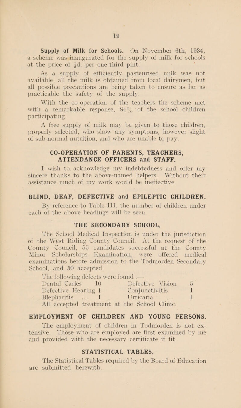 Supply of Milk for Schools. On November 6th, 1934, a scheme was inaugurated for the supply of milk for schools at the price of fd. per one-third pint. As a supply of efficiently pasteurised milk was not available, all the milk is obtained from local dairymen, but all possible precautions are being taken to ensure as far as practicable the safety of the supply. With the co-operation of the teachers the scheme met with a remarkable response, 84% of the school children participating. A free supply of milk may be given to those children, properly selected, who show any symptoms, however slight of sub-normal nutrition, and who are unable to pay. CO-OPERATION OF PARENTS, TEACHERS, ATTENDANCE OFFICERS and STAFF. I wish to acknowledge my indebtedness and offer my sincere thanks to the above-named helpers. Without their assistance much of my work would be ineffective. BLIND, DEAF, DEFECTIVE and EPILEPTIC CHILDREN. By reference to Table 111. the number of children under each of the above headings will be seen. THE SECONDARY SCHOOL. The School Medical Inspection is under the jurisdiction of the West Riding County Council. At the request of the County Council, 55 candidates successful at the County Minor Scholarships Examination, were offered medical examinations before admission to the Todmorden Secondary School, and 50 accepted. The following defects were found :— Dental Caries 10 Defective Vision 5 Defective Hearing I Conjunctivitis 1 Blepharitis ... 1 Urticaria ... 1 All accepted treatment at the School Clinic. EMPLOYMENT OF CHILDREN AND YOUNG PERSONS. The employment of children in Todmorden is not ex¬ tensive. Those who are employed are first examined by me and provided with the necessary certificate if fit. STATISTICAL TABLES. The Statistical Tables required by the Board of Education are submitted herewith.