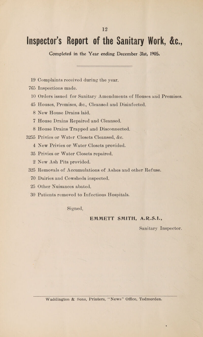 Inspector’s Report of the Sanitary Work, &c., Completed in the Year ending December 3tst, 1905. 19 Complaints received during the year. 765 Inspections made. 10 Orders issued for Sanitary Amendments of Houses and Premises. 45 Houses, Premises, &c.. Cleansed and Disinfected. 8 New House Drains laid. 7 House Drains Repaired and Cleansed. 8 House Drains Trapped and Disconnected. 3255 Privies or Water Closets Cleansed, &c. 4 New Privies or Water Closets provided. 35 Privies or Water Closets repaired. 2 New Ash Pits provided. 325 Removals of Accumulations of Ashes and other Refuse. 70 Dairies and Cowsheds inspected. 25 Other Nuisances abated. 30 Patients removed to Infectious Hospitals. Signed, EMMETT SMITH, A.R.S.I., Sanitary Inspector. Waddington & Sons, Printers, “News” Olfice, Todmorden.