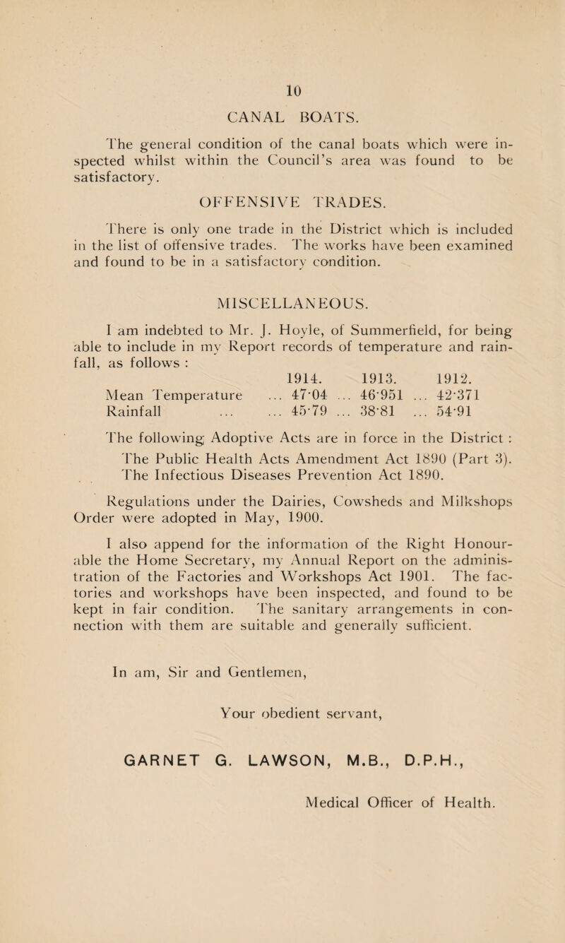 CANAL BOATS. The general condition of the canal boats which wTere in¬ spected whilst within the Council’s area was found to be satisfactory. OFFENSIVE TRADES. There is only one trade in the District which is included in the list of offensive trades. The works have been examined and found to be in a satisfactory condition. MISCELLANEOUS. I am indebted to Mr. J. Hoyle, of Summerfield, for being able to include in my Report records of temperature and rain¬ fall, as follows : 1914. 1913. 1912. Mean Temperature ... 47*04 ... 46'951 ... 42*371 Rainfall . 45*79 ... 38*81 ... 54*91 The following Adoptive Acts are in force in the District : The Public Health Acts Amendment Act 1890 (Part 3). The Infectious Diseases Prevention Act 1890. Regulations under the Dairies, Cowsheds and Milkshops Order were adopted in May, 1900. I also append for the information of the Right Honour¬ able the Home Secretary, my Annual Report on the adminis¬ tration of the Factories and Workshops Act 1901. The fac¬ tories and workshops have been inspected, and found to be kept in fair condition. The sanitary arrangements in con¬ nection with them are suitable and generally sufficient. In am, Sir and Gentlemen, Your obedient servant, GARNET G. LAWSON, M.B., D.P.H., Medical Officer of Health.