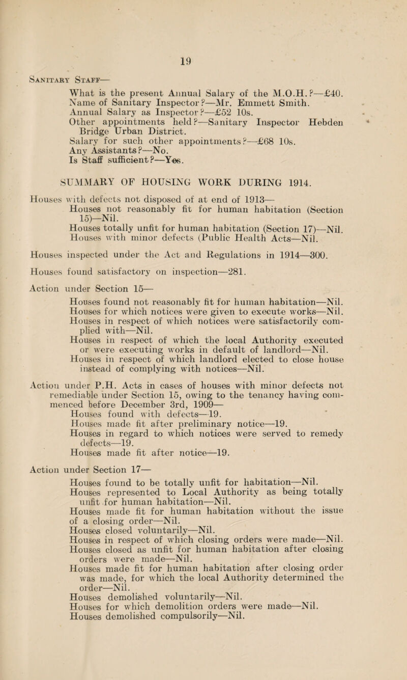 Sanitary Staff— What is the present Annual Salary of the M.O.H.P—£40. Name of Sanitary Inspector?—Mr. Emmett Smith. Annual Salary as Inspector?—£52 10s. Other appointments held?—Sanitary Inspector Hebden Bridge Urban District. Salary for such other appointments?—£68 10s. Any Assistants?—No. Is Staff sufficient?—Yes. SUMMARY OF HOUSING WORK DURING 1914. Houses with defects not disposed of at end of 1913— Houses not reasonably fit for human habitation (Section 15)—Nil. Houses totally unfit for human habitation (Section 17)—Nil. Houses with minor defects (Public Health Acts—Nil. Houses inspected under the Act and Regulations in 1914—300. Houses found satisfactory on inspection—281. Action under Section 15— Houses found not reasonably fit for human habitation—Nil. Houses for which notices were given to execute works—Nil. Houses in respect of which notices were satisfactorily com¬ plied with—Nil. Houses in respect of which the local Authority executed or were executing works in default of landlord—Nil. Houses in respect of which landlord elected to close house instead of complying with notices—Nil. Action under P.H. Acts in cases of houses with minor defects not remediable under Section 15, owing to the tenancy having com¬ menced before December 3rd, 1909— Houses found with defects—19. Houses made fit after preliminary notice—19. Houses in regard to which notices were served to remedy defects—19. Houses made fit after notice—19. Action under Section 17— Houses found to be totally unfit for habitation—-Nil. Houses represented to Local Authority as being totally unfit for human habitation—Nil. Houses made fit for human habitation without the issue of a closing order—Nil. Houses closed voluntarily—Nil. Houses in respect of which closing orders were made—Nil. Houses closed as unfit for human habitation after closing orders were made—Nil. Houses made fit for human habitation after closing order was made, for which the local Authority determined the older—Nil. Houses demolished voluntarily—Nil. Houses for which demolition orders were made—Nil. Houses demolished compulsorily—Nil.