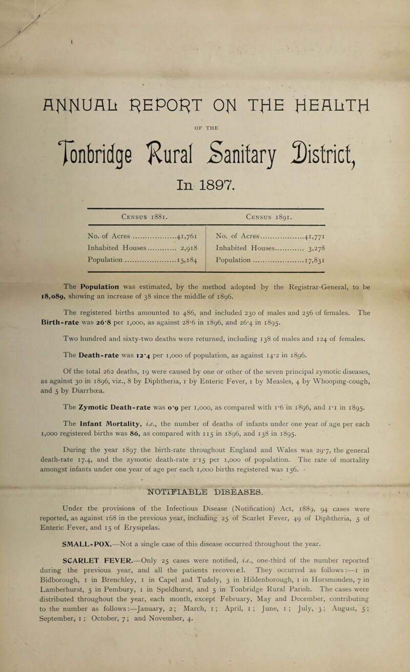 I HEPOUT ON THE HERETH OF THE Tonbridge Rural Sanitary 2)istrict, In 1897. Census 1881. Census 1891. No. of Acres . ..41,761 No. of Acres. •••4I,77I Inhabited Houses. .. 2,918 Inhabited Houses. ... 3,278 Population. • •i5>l84 Population. ...17,831 The Population was estimated, by the method adopted by the Registrar-General, to be 18,089, showing an increase of 38 since the middle of 1896. The registered births amounted to 486, and included 230 of males and 256 of females. The Birth-rate was 26’8 per 1,000, as against 28-6 in 1896, and 26-4 in 1895. Two hundred and sixty-two deaths were returned, including 138 of males and 124 of females. The Death = rate was 12*4 per 1,000 of population, as against 14-2 in 1896. Of the total 262 deaths, 19 were caused by one or other of the seven principal zymotic diseases, as against 30 in 1896, viz., 8 by Diphtheria, 1 by Enteric Fever, 1 by Measles, 4 by Whooping-cough, and 5 by Diarrhoea. The Zymotic Death = rate was o'9 per 1,000, as compared with i*6 in 1896, and i*i in 1895. The Infant Mortality, i.e., the number of deaths of infants under one year of age per each 1,000 registered births was 86, as compared with 115 in 1896, and 138 in 1895. During the year 1897 the birth-rate throughout England and Wales was 29-7, the general death-rate 17.4, and the zymotic death-rate 2-15 per 1,000 of population. The rate of mortality amongst infants under one year of age per each 1,000 births registered was 136. ■ NOTIFIABLE DISEASES. Under the provisions of the Infectious Disease (Notification) Act, 1889, 94 cases were reported, as against 168 in the previous year, including 25 of Scarlet Fever, 49 of Diphtheria, 5 of Enteric Fever, and 15 of Erysipelas. SMALL-POX.—Not a single case of this disease occurred throughout the year. SCARLET FEVER.—Only 25 cases were notified, i.e., one-third of the number reported during the previous year, and all the patients recoveied. They occurred as follows:—1 in Bidborough, 1 in Brenchley, 1 in Capel and Tudely, 3 in Hildenborough, 1 in Horsmonden, 7 in Lamberhurst, 5 in Pembury, 1 in Speldhurst, and 5 in Tonbridge Rural Parish. The cases were distributed throughout the year, each month, except February, May and December, contributing to the number as follows:—January, 2; March, 1; April, 1; June, 1; July, 3; August, 5; September, 1 ; October, 7; and November, 4.
