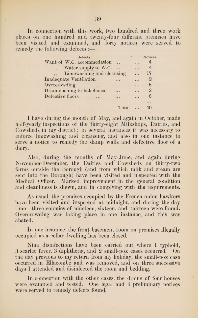 In connection with this work, two hundred and three work places on one hundred and twenty-four different premises have been visited and examined, and forty notices were served to remedv tlie followinjy defects :— Defects ' Notices. Want of W.C. accommodation ... ... 4 ,, Water supply to W.C. ... ... 4 ,, Limewashing and cleansing ... 17 Inadequate Ventilation ... ... 2 Overcrowding ... ... ... 5 Drain-opening in bakehouse ... ... 2 Defective floors ... ... ... 6 Total ... 40 I have during the month of May, and again in October, made half-yearly inspections of the thirty-eight Milkshops, Dairies, and Cowsheds in my district; in several instances it w^as necessary to enforce liniewashing and cleansing, and also in one instance to serve a notice to remedy the damp walls and defective floor of a dairy. Also, during the months of May-June, and again during November-December, the Dairies and Cowsheds on thirty-two farms outside the Borough (and from which milk and cream are sent into the Borough) have been visited and inspected with the Medical Officer. Marked improvement in the general condition and cleanliness is shewn, and in complying with the requirements. As usual, the premises occupied by the French onion hawkers have been visited and inspected at midnight, and during the day time : three colonies of nineteen, sixteen, and thirteen were found. Overcrowding was taking place in one instance, and this was abated. In one instance, the front basement room on premises illegally occupied as a cellar dwelling has been closed. Nine disinfections have been carried out wdiere I typhoid, 3 scarlet fever, 3 diphtheria, and 2 small-pox cases occurred. On the day previous to my return from my holiday, the small-pox case occurred in Ellacombe and was removed, and on three successive days I attended and disinfected the room and bedding. In connection with the other cases, the drains of four houses w^ere examined and tested. One legal and 4 preliminary notices were served to remedy defects found,