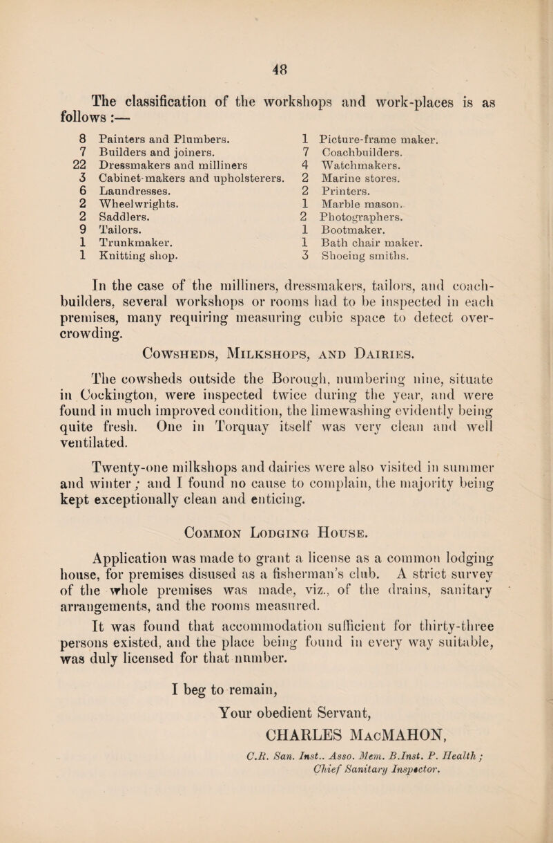 The classification of the workshops and work-places is as follows :—■ 8 Painters and Plumbers. 7 Builders and joiners. 22 Dressmakers and milliners 3 Cabinet-makers and upholsterers. 6 Laundresses. 2 Wheelwrights. 2 Saddlers. 9 Tailors. 1 Trunkmaker. 1 Knitting shop. 1 Picture-frame maker. 7 Coachbuilders. 4 Watchmakers. 2 Marine stores. 2 Printers. 1 Marble mason. 2 Photographers. 1 Bootmaker. 1 Bath chair maker. 3 Shoeing smiths. In the case of the milliners, dressmakers, tailors, and coach- builders, several workshops or rooms had to be inspected in each premises, many requiring measuring cubic space to detect over¬ crowding. Cowsheds, Milkshops, and Dairies. The cowsheds outside the Borough, numbering nine, situate in Cockington, were inspected twice during the year, and were found in much improved condition, the limewashing evidently being quite fresh. One in Torquay itself was very clean and well ventilated. Twenty-one milkshops and dairies were also visited in summer and winter; and I found no cause to complain, the majority being- kept exceptionally clean and enticing. Common Lodging House. Application was made to grant a license as a common lodging house, for premises disused as a fisherman’s club. A strict survey of the whole premises was made, viz., of the drains, sanitary arrangements, and the rooms measured. It was found that accommodation sufficient for thirty-three persons existed, and the place being found in every way suitable, was duly licensed for that number. I beg to remain, Your obedient Servant, CHARLES MacMAHON, C.R. San. Inst.. Asso. Mem. B.Inst. P. Health ; Chief Sanitary Inspector.