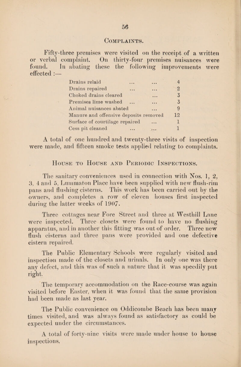 Complaints. Fifty-three premises were visited on the receipt of a written or verbal complaint. On thirty-four premises nuisances were found. In abating these the following improvements were effected :— Drains relaicl ... ... 4 Drains repaired ... ... 2 Choked drains cleared ... 3 Premises lime washed ... ... 3 Animal nuisances abated ... 9 Manure and offensive deposits removed 12 Surface of courtilage repaired ... 1 Cess pit cleaned ... ... 1 A total of one hundred and twenty-three visits of inspection were made, and fifteen smoke tests applied relating to complaints. House to House and Periodic Inspections. The sanitary conveniences used in connection with Nos. 1, 2, 3, 4 and 5, Lummaton Place have been supplied with new flush-rim pans and flushing cisterns. This work has been carried out by the owners, and completes a row of eleven houses first inspected during the latter weeks of 1907. Three cottages near Fore Street and three at Westhill Lane were inspected. Three closets were found to have no flushing apparatus, and in another this fitting was out of order. Three new flush cisterns aad three pans were provided and one defective cistern repaired. The Public Elementary Schools were regularly visited and inspection made of the closets and urinals. In only one was there any defect, and this was of such a nature that it was speedily put right. The temporary accommodation on the Race-course was again visited before Easter, when it was found that the same provision had been made as last year. The Public convenience on Oddicombe Beach has been many times visited, and was always found as satisfactory as could be expected under the circumstances. A total of forty-nine visits were made under house to house inspections,