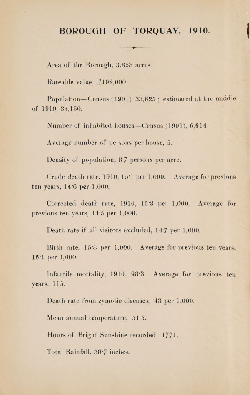 Area of the Borough, 3,858 acres. Rateable value, £192,000. Population—Census i 1901), 33,625 ; estimated at the middle of 1910, 34,150. Number of inhabited houses—Census (1901), 6,614. Average number of persons per house, 5. Density of population, 8 7 persons per acre. Crude death rate, 1910, 15*1 per 1,000. Average for previous ten years, 14*6 per 1,000. Corrected death rate, 1910, 15*8 per 1,000. Average for previous ten years, 14'5 per 1,000. Death rate if all visitors excluded, 14*7 per 1,000. Birth rate, 15’8 per 1,000. Average for previous ten years, 16-1 per 1,000. Infantile mortality, 1910, 98*3 Average for previous ten years, 115. Death rate from zymotic diseases, 43 per 1,000. Mean annual temperature, 515. Hours of Bright Sunshine recorded, 1771. Total Rainfall. 38*7 inches.