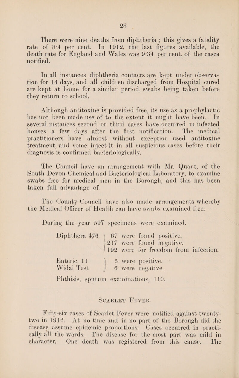 There were nine deaths from diphtheria ; this gives a fatality rate of 8‘4 per cent. In 1912, the last figures available, the death rate for England and Wales was 9*34 per cent, of the cases notified. In all instances diphtheria contacts are kept under observa¬ tion for 14 days, and all children discharged from Hospital cured are kept at home for a similar period, swabs being taken before they return to school. Although antitoxine is provided free, its use as a prophylactic lias not been made use of to the extent it might have been. In several instances second or third cases have occurred in infected houses a few days after the first notification. The medical practitioners have almost without exception used antitoxine treatment, and some inject it in all suspicious cases before their diagnosis is confirmed bacteriologically. The Council have an arrangement with Mr. Quant, of the South Devon Chemical and Bacteriological Laboratory, to examine swabs free for medical men in the Borough, and this has been taken full advantage of. The County Council have also made arrangements whereby the Medical Officer of Health can have swabs examined free. During the year 597 specimens were examined. Diphthera 176 ) 67 were found positive. 217 were found negative. I 192 were for freedom from infection. Enteric 11 | 5 were positive. Widal Test J 6 were negative. Phthisis, sputum examinations, 110. Scarlet Fever. Fifty-six cases of Scarlet Fever were notified against twenty- two in 1912. At no time and in no part of the Borough did the disease assume epidemic proportions. Cases occurred in practi¬ cally all the wards. The disease for the most part was mild in character. One death was registered from this cause. The