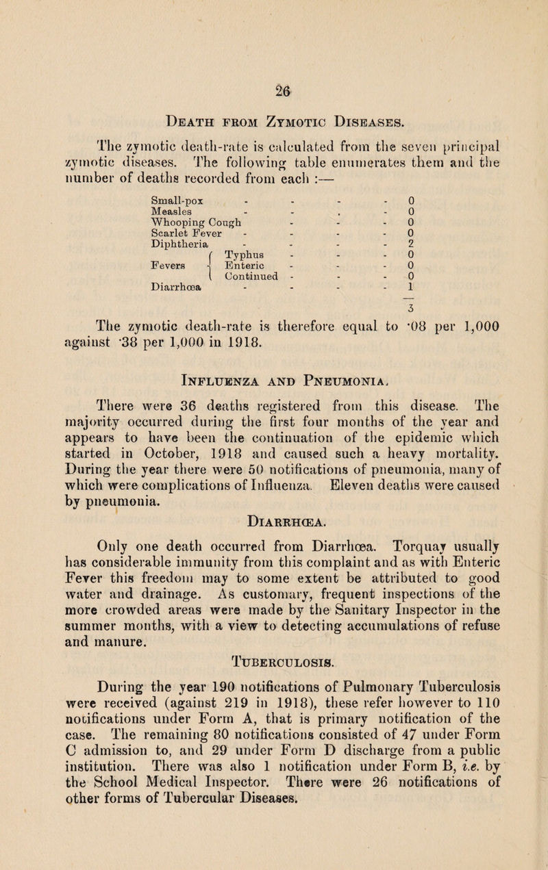 Death from Zymotic Diseases. The zymotic death-rate is calculated from the seven principal zymotic diseases. The following table enumerates them and the number of deaths recorded from each :— Small-pox - - - - 0 Measles - - . 0 Whooping Cough - - 0 Scarlet Fever - - - 0 Diphtheria - - - - 2 ( Typhus - - - 0 Fevers 1 Enteric - - 0 l Continued - - - 0 Diarrhoea - - - - 1 3 The zymotic death-rate is therefore equal to *08 per 1,000 against 38 per 1,000 in 1918. Influenza and Pneumonia. There were 36 deaths registered from this disease. The majority occurred during the first four months of the year and appears to have been the continuation of the epidemic which started in October, 1918 and caused such a heavy mortality. During the year there were 50 notifications of pneumonia, many of which were complications of Influenza. Eleven deaths were caused by pneumonia. Diarrhcea. Only one death occurred from Diarrhoea. Torquay usually has considerable immunity from this complaint and as with Enteric Fever this freedom may to some extent be attributed to good water and drainage. As customary, frequent inspections of the more crowded areas were made by the Sanitary Inspector in the summer months, with a view to detecting accumulations of refuse and manure. Tuberculosis. During the year 190 notifications of Pulmonary Tuberculosis were received (against 219 in 1918), these refer however to 110 notifications under Form A, that is primary notification of the case. The remaining 80 notifications consisted of 47 under Form C admission to, and 29 under Form D discharge from a public institution. There was also 1 notification under Form B, i.e. by the School Medical Inspector. There were 26 notifications of other forms of Tubercular Diseases.