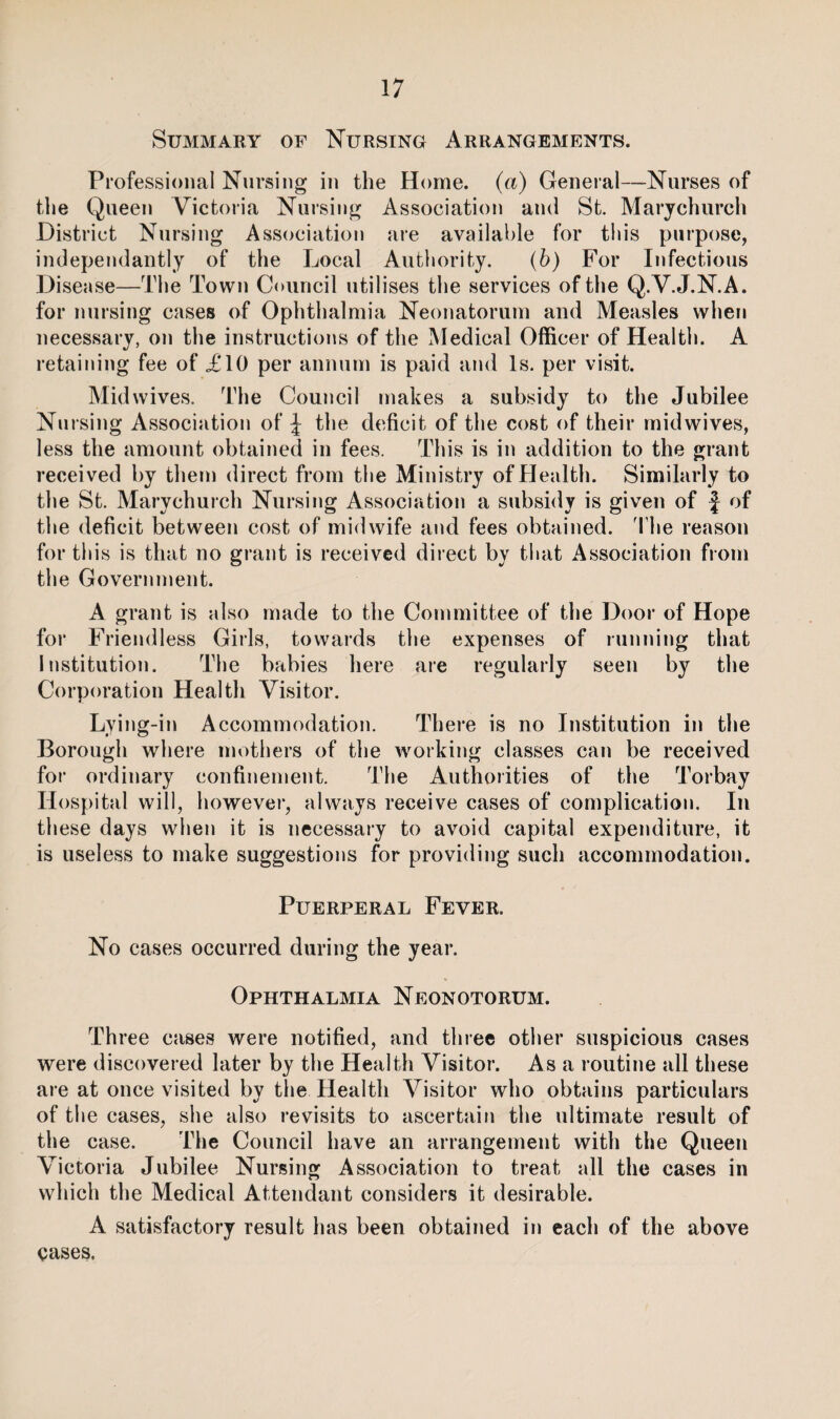 Summary of Nursing Arrangements. Professional Nursing in the Home, (a) General—Nurses of the Queen Victoria Nursing Association and St. Marychurch District Nursing Association are available for this purpose, independantly of the Local Authority. (b) For Infectious Disease—The Town Council utilises the services of the Q.V.J.N.A. for nursing cases of Ophthalmia Neonatorum and Measles whefi necessary, on the instructions of the Medical Officer of Health. A retaining fee of £10 per annum is paid and Is. per visit. Midwives. The Council makes a subsidy to the Jubilee Nursing Association of J the deficit of the cost of their mid wives, less the amount obtained in fees. This is in addition to the grant received by them direct from the Ministry of Health. Similarly to the St. Marychurch Nursing Association a subsidy is given of f of the deficit between cost of midwife and fees obtained, 'the reason for this is that no grant is received direct by that Association from the Government. A grant is also made to the Committee of the Door of Hope for Friendless Girls, towards the expenses of running that Institution. The babies here are regularly seen by the Corporation Health Visitor. Lying-in Accommodation. There is no Institution in the Borough where mothers of the working classes can be received for ordinary confinement. The Authorities of the Torbay Hospital will, however, always receive cases of complication. In these days when it is necessary to avoid capital expenditure, it is useless to make suggestions for providing such accommodation. Puerperal Fever. No cases occurred during the year. Ophthalmia Neonotorum. Three cases were notified, and three other suspicious cases were discovered later by the Health Visitor. Asa routine all these are at once visited by the Health Visitor who obtains particulars of the cases, she also revisits to ascertain the ultimate result of the case. The Council have an arrangement with the Queen Victoria Jubilee Nursing Association to treat all the cases in which the Medical Attendant considers it desirable. A satisfactory result has been obtained in each of the above cases.