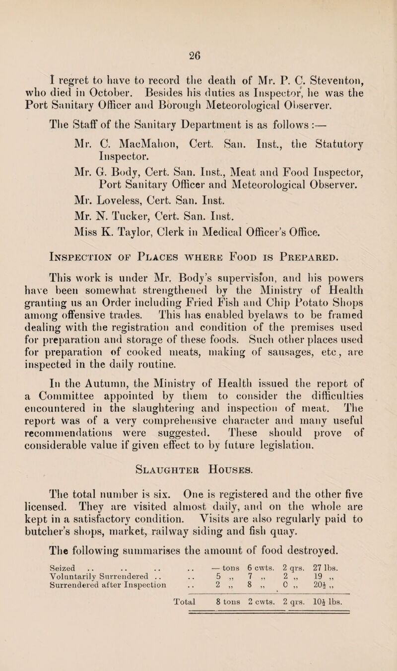 I regret to have to record the death of Mr. P. C. Steveiiton, who died in October. Besides his duties as Inspector, lie was the Port Sanitary Officer and Borough Meteorological Observer. Tlie Staff of the Sanitary Department is as follows :— Mr. C. MacMahon, Cert. San. Inst., the Statutory Inspector. Mr. G. Body, Cert. San. Inst., Meat and Food Inspector, Port Sanitary Officer and Meteorological Observer. Mr. Loveless, Cert. San. Inst. Mr. N. Tucker, Cert. San. Inst. Miss K. Taylor, Clerk in Medical Officer’s Office. Inspection of Places where Food is Prepared. This work is under Mr. Body’s supervision, and his powers have been somewhat strengthened by the Ministry of Health granting us an Order including Fried Fish and Chip Potato Shops among offensive trades. This has enabled byelaws to be framed dealing with the registration and condition of the premises used for preparation and storage of these foods. Such other places used for preparation of cooked meats, making of sausages, etc, are inspected in the daily routine. In the Autumn, the Ministry of Health issued the report of a Committee appointed by them to consider the difficulties encountered in the slaughtering and inspection of meat. The report was of a very comprehensive character and many useful recommendations were suggested. These should prove of considerable value if given effect to by future legislation. Slaughter Houses. The total number is six. One is registered and the other five licensed. They are visited almost daily, and on the whole are kept in a satisfactory condition. Visits are also regularly paid to butcher’s shops, market, railway siding and fish quay. The following summarises the amount of food destroyed. Seized .. .. .. .. — tons 6 cwts. 2 qrs. 27 lbs. Voluntarily Surrendered .. .. 5 ,, 7 ,, 2 ,, 19 ,, Surrendered after Inspection .. 2 ,, 8 ,, 0 ,, 20^ ,, 8 tons 2 cwts. 2 qrs. lOJ lbs. Total