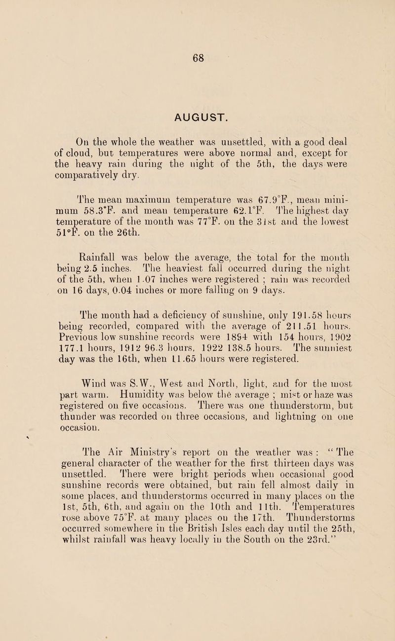 AUGUST. On the whole the weather was unsettled, with a good deal of cloud, but temperatures were above normal and, except for the heavy rain during the night of the 5th, the days were comparatively dry. The mean maximum temperature was 67.9°F., mean mini¬ mum 58.3eF. and mean temperature 62.1°F. The highest day temperature of the month was 77°F. on the 31st and the lowest 51°F. on the 26th. Rainfall was below the average, the total for the month being 2.5 inches. The heaviest fall occurred during the night of the 5th, when 1.07 inches were registered ; rain was recorded on 16 days, 0-04 inches or more falling on 9 days. The month had a deficiency of sunshine, only 191.58 hours being recorded, compared with the average of 211.51 hours. Previous low sunshine records were 1894 with 154 hours, 1902 177.1 hours, 1912 96.3 hours, 1922 138.5 hours. The sunniest day was the 16th, when 11.65 hours were registered. Wind was S.W., West and North, light, and for the most part warm. Humidity was below the average ; mist or haze was registered on five occasions. There was one thunderstorm, but thunder was recorded on three occasions, and lightning on one occasion. The Air Ministry’s report on the weather was : “ The general character of the weather for the first thirteen days was unsettled. There were bright periods when occasional good sunshine records were obtained, but rain fell almost daily in some places, and thunderstorms occurred in many places on the 1st, 5th, 6th, and again on the 10th and 1 1th. Temperatures rose above 75°F. at many places on the 17th. Thunderstorms occurred somewhere in the British Isles each day until the 25th, whilst rainfall was heavy locally in the South on the 23rd.”