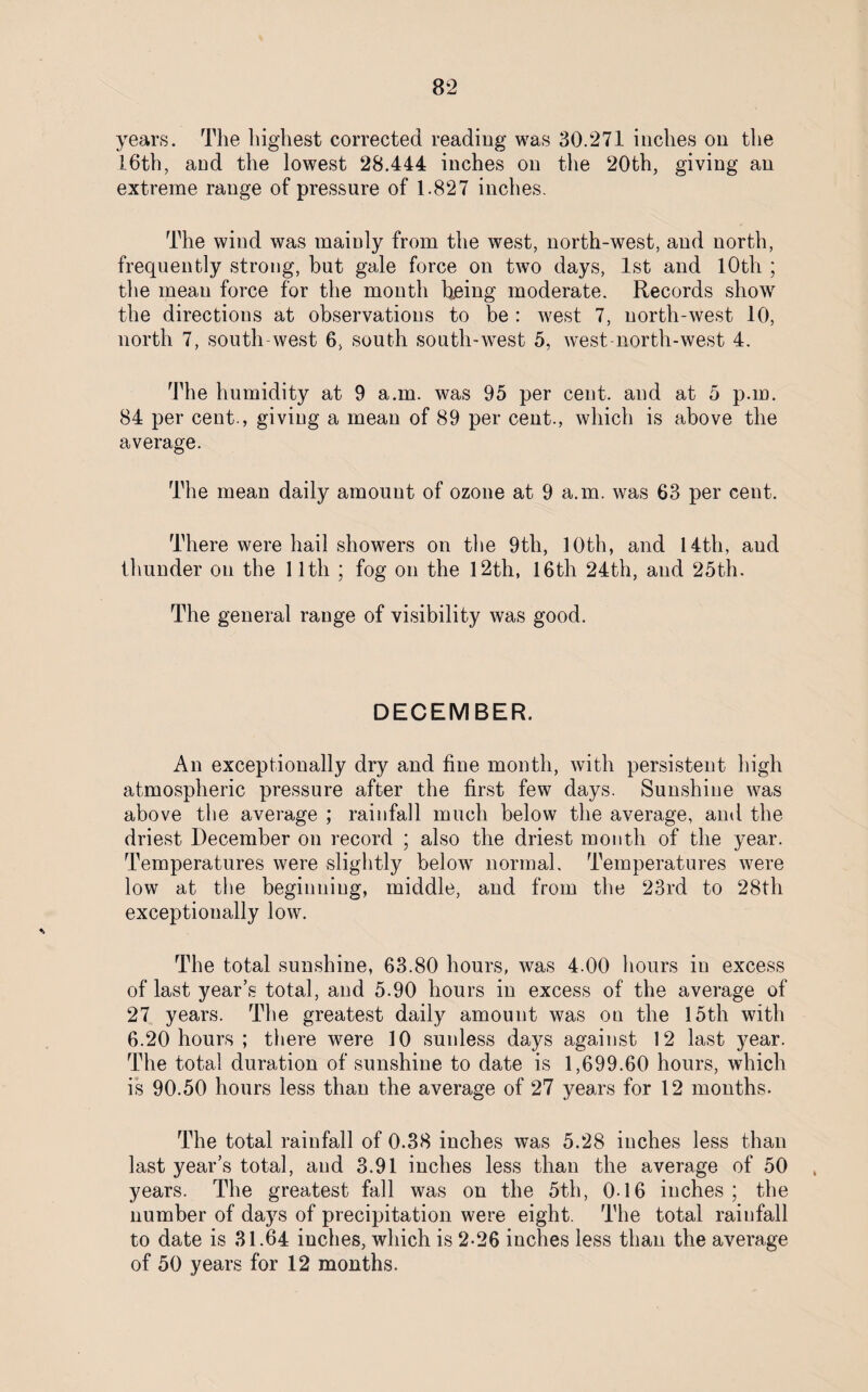 years. The highest corrected reading was 30.271 inches on the I6th, and the lowest 28.444 inches on the 20th, giving an extreme range of pressure of 1.827 inches. The wind was mainly from the west, north-west, and north, frequently strong, but gale force on two days, 1st and 10th ; the mean force for the month being moderate. Records show the directions at observations to be : west 7, north-west 10, north 7, south-west 6, south south-west 5, west north-west 4. The humidity at 9 a.m. was 95 per cent, and at 5 p.m. 84 per cent., giving a mean of 89 per cent., which is above the average. The mean daily amount of ozone at 9 a.m. was 63 per cent. There were hail showers on the 9th, 10th, and 14th, and thunder on the 11th ; fog on the 12th, 16th 24th, and 25th. The general range of visibility was good. DECEMBER. An exceptionally dry and fine month, with persistent high atmospheric pressure after the first few days. Sunshine was above the average ; rainfall much below the average, and the driest December on record ; also the driest month of the year. Temperatures were slightly below normal. Temperatures were low at the beginning, middle, and from the 23rd to 28th exceptionally low. The total sunshine, 63.80 hours, was 4.00 hours in excess of last year’s total, and 5.90 hours in excess of the average of 27 years. The greatest daily amount was on the 15th with 6.20 hours ; there were 10 sunless days against 12 last year. The total duration of sunshine to date is 1,699.60 hours, which is 90.50 hours less than the average of 27 years for 12 months. The total rainfall of 0.38 inches was 5.28 inches less than last year’s total, and 3.91 inches less than the average of 50 years. The greatest fall was on the 5th, 0-16 inches; the number of days of precipitation were eight. The total rainfall to date is 31.64 inches, which is 2-26 inches less than the average of 50 years for 12 months.