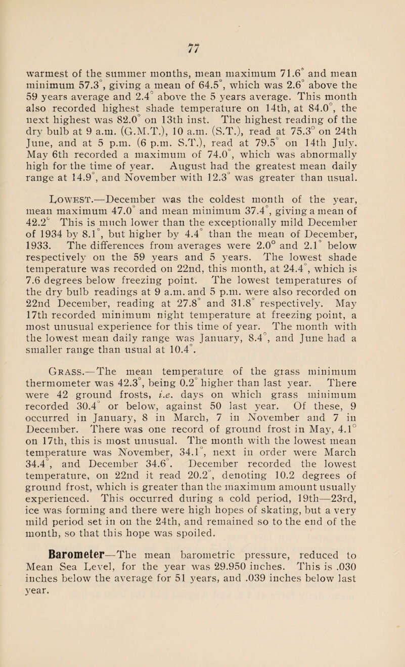 warmest of the summer months, mean maximum 71.6° and mean minimum 57.3°, giving a mean of 64.5°, which was 2.6° above the 59 years average and 2.4° above the 5 years average. This month also recorded highest shade temperature on 14th, at 84.0°, the next highest was 82.0° on 13th inst. The highest reading of the dry bulb at 9 a.m. (G.M.T.), 10 a.m. (S.T.), read at 75.3° on 24th June, and at 5 p.m. (6 p.m. S.T.), read at 79.5° on 14th July. May 6th recorded a maximum of 74.0°, which was abnormally high for the time of year. August had the greatest mean daily range at 14.9°, and November with 12.3° was greater than usual. Lowest.—December was the coldest month of the year, mean maximum 47.0° and mean minimum 37.4°, giving a mean of 42.2° This is much lower than the exceptionally mild December of 1934 Ly 8.1°, but higher by 4.4° than the mean of December, 1933. The differences from averages were 2.0° and 2.1° below respectively on the 59 years and 5 years. The lowest shade temperature was recorded on 22nd, this month, at 24.4°, which is 7.6 degrees below freezing point. The lowest temperatures of the dry bulb readings at 9 a.m. and 5 p.m. were also recorded on 22nd December, reading at 27.8° and 31.8° respectively. May 17th recorded minimum night temperature at freezing point, a most unusual experience for this time of year. The month with the lowest mean daily range was January, 8.4°, and June had a smaller range than usual at 10.4°. Grass.— The mean temperature of the grass minimum thermometer was 42.3°, being 0.2° higher than last year. There were 42 ground frosts, i.e. days on which grass minimum recorded 30.4 or below, against 50 last year. Of these, 9 occurred in January, 8 in March, 7 in November and 7 in December. There was one record of ground frost in Mayr, 4.1° on 17th, this is most unusual. The month with the lowest mean temperature was November, 34.1°, next in order were March 34.4°, and December 34.6°. December recorded the lowest temperature, on 22nd it read 20.2°, denoting 10.2 degrees of ground frost, which is greater than the maximum amount usually experienced. This occurred during a cold period, 19th—23rd, ice was forming and there were high hopes of skating, but a very mild period set in on the 24th, and remained so to the end of the month, so that this hope was spoiled. Barometer—The mean barometric pressure, reduced to Mean Sea Level, for the year was 29.950 inches. This is .030 inches below the average for 51 years, and .039 inches below last year.