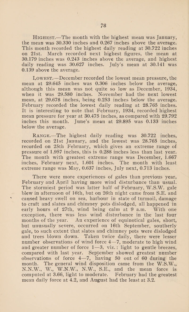 HighksT.—The month with the highest mean was January, the mean was 30.330 inches and 0.267 inches above the average. This month recorded the highest daily reading at 30.722 inches on 21st. March recorded next highest figures, the mean at 30.179 inches was 0.243 inches above the average, and highest daily reading was 30.627 inches. July’s mean at 30.141 was 0.139 above the average. Lowest.—December recorded the lowest mean pressure, the mean at 29.645 inches was 0.306 inches below the average, although this mean was not quite so low as December, 1934, when it was 29.580 inches. November had the next lowest mean, at 29.678 inches, being 0.253 inches below the average. February recorded the lowest daily reading at 28.765 inches. It is interesting to note that February, 1934, recorded highest mean pressure for year at 30.475 inches, as compared with 29.792 inches this month. June’s mean at 29.895 was 0.133 inches below the average. Range.—The highest daily reading was 30.722 inches, recorded on 21st January, and the lowest was 28.765 inches, recorded on 25th February, which gives an extreme range of pressure of 1.957 inches, this is 0.288 inches less than last year. The month with greatest extreme range was December, 1.667 inches, February next, 1.601 inches. The month with least extreme range was May, 0.637 inches, July next, 0.713 inches. There were more experiences of gales than previous year, February and April having more wind disturbance than usual. The stormiest period was latter half of February, W.S.W. gale blew in afternoon of 16th, but on 26th night came from S.F. and caused heavy swell on sea, harbour in state of turmoil, damage to craft and slates and chimney pots dislodged, all happened in early hours of 27th, wind being calm at 9 a.m. With one exception, there was less wind disturbance in the last four months of the year. An experience of equinotical gales, short, but unusually severe, occurred on 16th September, southerly gale, to such extent that slates and chimney pots were dislodged and trees blown down. Taken twice daily, there were lesser number observations of wind force 4—7, moderate to high wind and greater number of force 1—3, viz. : light to gentle breezes, compared with last year. September showed greatest number observations of force 4—7, having 50 out of 60 during the month. The general wind disposition came from the W.S.W., N.N.W., W., W.N.W., N.W., S.E., and the mean force is computed at 3.66, light to moderate. February had the greatest mean daily force at 4.2, and August had the least at 3.2.