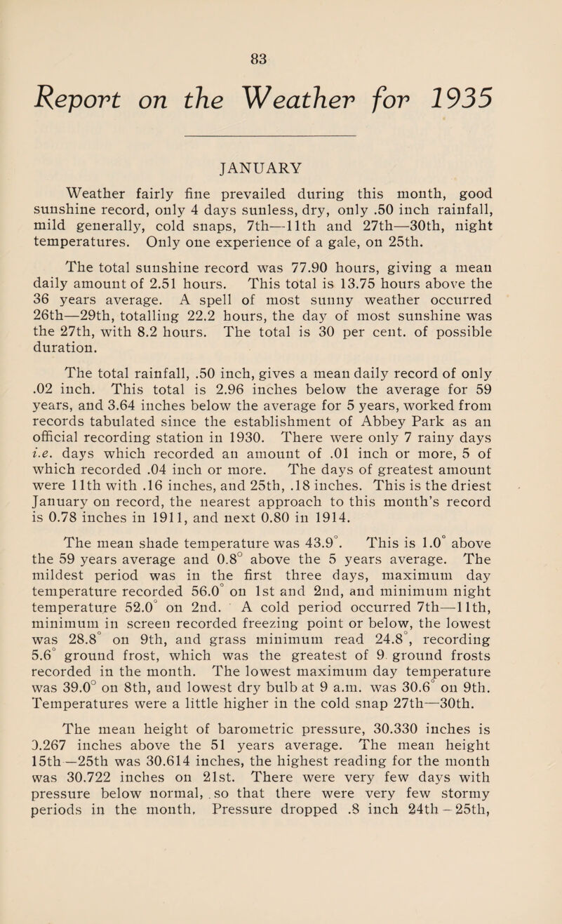 Report on the Weather for 1935 JANUARY Weather fairly fine prevailed during this month, good sunshine record, only 4 days sunless, dry, only .50 inch rainfall, mild generally, cold snaps, 7th—11th and 27th—30th, night temperatures. Only one experience of a gale, on 25th. The total sunshine record was 77.90 hours, giving a mean daily amount of 2.51 hours. This total is 13.75 hours above the 36 years average. A spell of most sunny weather occurred 26th—29th, totalling 22.2 hours, the day of most sunshine was the 27th, with 8.2 hours. The total is 30 per cent, of possible duration. The total rainfall, .50 inch, gives a mean daily record of only .02 inch. This total is 2.96 inches below the average for 59 years, and 3.64 inches below the average for 5 years, worked from records tabulated since the establishment of Abbey Park as an official recording station in 1930. There were only 7 rainy days i.e. days which recorded an amount of .01 inch or more, 5 of which recorded .04 inch or more. The days of greatest amount were 11th with .16 inches, and 25th, .18 inches. This is the driest January on record, the nearest approach to this month’s record is 0.78 inches in 1911, and next 0.80 in 1914. The mean shade temperature was 43.9°. This is 1.0° above the 59 years average and 0.8° above the 5 years average. The mildest period was in the first three days, maximum day temperature recorded 56.0° on 1st and 2nd, and minimum night temperature 52.0° on 2nd. A cold period occurred 7th—11th, minimum in screen recorded freezing point or below, the lowest was 28.8° on 9th, and grass minimum read 24.8°, recording 5.6° ground frost, which was the greatest of 9. ground frosts recorded in the month. The lowest maximum day temperature was 39.0° on 8th, and lowest dry bulb at 9 a.m. was 30.6° on 9th. Temperatures were a little higher in the cold snap 27th—30th. The mean height of barometric pressure, 30.330 inches is 3.267 inches above the 51 years average. The mean height 15th—25th was 30.614 inches, the highest reading for the month was 30.722 inches on 21st. There were very few days with pressure below normal, .so that there were very few stormy periods in the month. Pressure dropped .8 inch 24th - 25th,