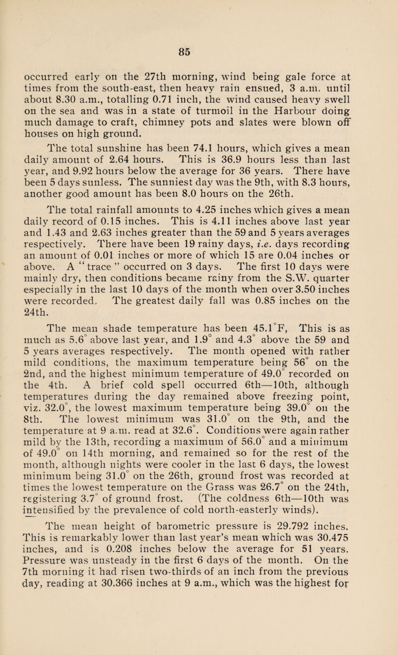 occurred early on the 27th morning, wind being gale force at times from the south-east, then heavy rain ensued, 3 a.m. until about 8.30 a.m., totalling 0.71 inch, the wind caused heavy swell on the sea and was in a state of turmoil in the Harbour doing much damage to craft, chimney pots and slates were blown off houses on high ground. The total sunshine has been 74.1 hours, which gives a mean daily amount of 2.64 hours. This is 36.9 hours less than last year, and 9.92 hours below the average for 36 years. There have been 5 days sunless. The sunniest day was the 9th, with 8.3 hours, another good amount has been 8.0 hours on the 26th. The total rainfall amounts to 4.25 inches which gives a mean daity record of 0.15 inches. This is 4.11 inches above last year and 1.43 and 2.63 inches greater than the 59 and 5 years averages respectively. There have been 19 rainy days, i.e. days recording an amount of 0.01 inches or more of which 15 are 0.04 inches or above. A “ trace ” occurred on 3 days. The first 10 days were mainly dry, then conditions became rainy from the S.W. quarter especially in the last 10 days of the month when over 3.50 inches were recorded. The greatest daily fall was 0.85 inches on the 24th. The mean shade temperature has been 45.1°F, This is as much as 5.6° above last year, and 1.9° and 4.3° above the 59 and 5 years averages respectively. The month opened with rather mild conditions, the maximum temperature being 56° on the 2nd, and the highest minimum temperature of 49.0° recorded on the 4th. A brief cold spell occurred 6th—10th, although temperatures during the day remained above freezing point, viz. 32.0°, the lowest maximum temperature being 39.0 on the 8th. The lowest minimum was 31.0° on the 9th, and the temperature at 9 a.m. read at 32.6°. Conditions were again rather mild by the 13th, recording a maximum of 56.0° and a minimum of 49.0° on 14th morning, and remained so for the rest of the month, although nights were cooler in the last 6 days, the lowest minimum being 31.0° on the 26th, ground frost was recorded at times the lowest temperature on the Grass was 26.7° on the 24th, registering 3.7° of ground frost. (The coldness 6th—10th was intensified by the prevalence of cold north-easterly winds). The mean height of barometric pressure is 29.792 inches. This is remarkably lower than last year’s mean which was 30.475 inches, and is 0.208 inches below the average for 51 years. Pressure was unsteady in the first 6 da37s of the month. On the 7th morning it had risen two-thirds of an inch from the previous day, reading at 30,366 inches at 9 a.m., which was the highest for