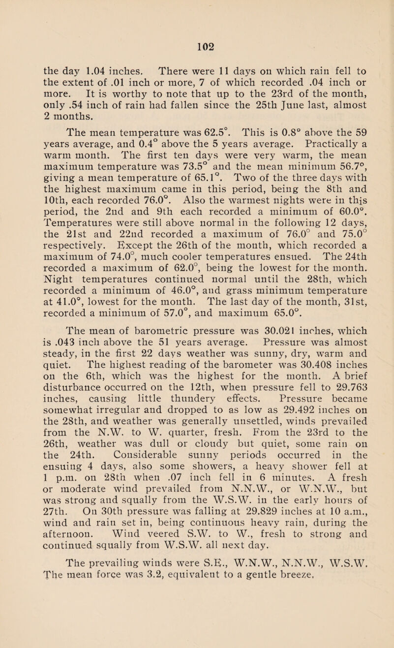 the day 1.04 inches. There were 11 days on which rain fell to the extent of .01 inch or more, 7 of which recorded .04 inch or more. It is worthy to note that up to the 23rd of the month, only .54 inch of rain had fallen since the 25th June last, almost 2 months. The mean temperature was 62.5°. This is 0.8° above the 59 years average, and 0.4° above the 5 years average. Practically a warm month. The first ten days were very warm, the mean maximum temperature was 73.5° and the mean minimum 56.7°, giving a mean temperature of 65.1°. Two of the three days with the highest maximum came in this period, being the 8th and 10th, each recorded 76.0°. Also the warmest nights were in this period, the 2nd and 9th each recorded a minimum of 60.0°. Temperatures were still above normal in the following 12 days, the 21st and 22nd recorded a maximum of 76.0° and 75.0° respectively. Except the 26th of the month, which recorded a maximum of 74.0°, much cooler temperatures ensued. The 24th recorded a maximum of 62.0°, being the lowest for the month. Night temperatures continued normal until the 28th, which recorded a minimum of 46.0°, and grass minimum temperature at 41.0°, lowest for the month. The last day of the month, 31st, recorded a minimum of 57.0°, and maximum 65.0°. The mean of barometric pressure was 30.021 inches, which is .043 inch above the 51 years average. Pressure was almost steady, in the first 22 days weather was sunny, dry, warm and quiet. The highest reading of the barometer was 30.408 inches on the 6th, which was the highest for the month. A brief disturbance occurred on the 12th, when pressure fell to 29.763 inches, causing little thundery effects. Pressure became somewhat irregular and dropped to as low as 29.492 inches on the 28th, and weather was generally unsettled, winds prevailed from the N.W. to W. quarter, fresh. From the 23rd to the 26th, weather was dull or cloudy but quiet, some rain on the 24th. Considerable sunny periods occurred in the ensuing 4 days, also some showers, a heavy shower fell at 1 p.m. on 28th when .07 inch fell in 6 minutes. A fresh or moderate wind prevailed from N.N.W., or W.N.W., but was strong and squally from the W.S.W. in the early hours of 27th. On 30th pressure was falling at 29.829 inches at 10 a.m., wind and rain set in, being continuous heavy rain, during the afternoon. Wind veered S.W. to W., fresh to strong and continued squally from W.S.W. all next day. The prevailing winds were S.E., W.N.W., N.N.W., W.S.W. The mean force was 3.2, equivalent to a gentle breeze,