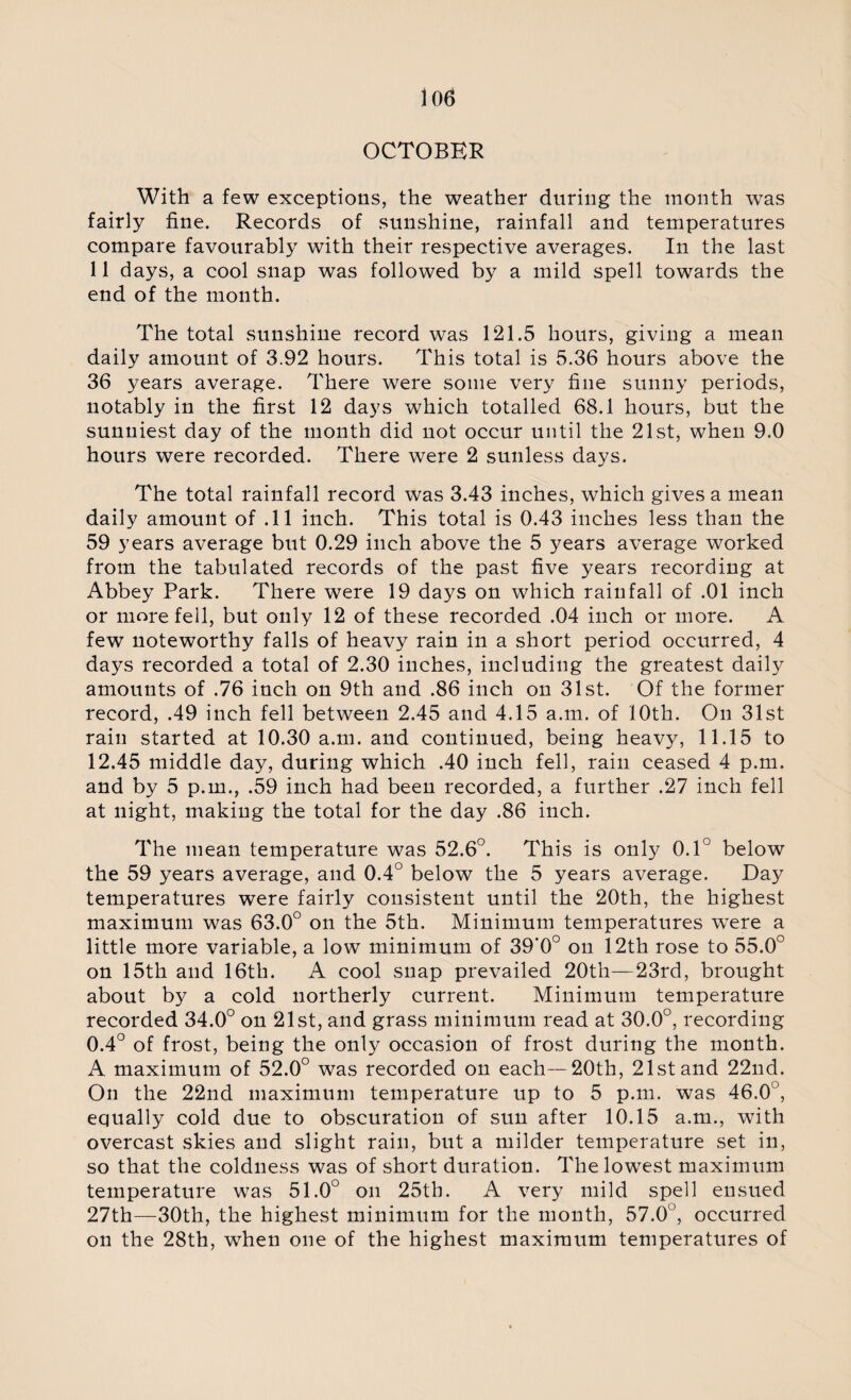 OCTOBER With a few exceptions, the weather during the month was fairly fine. Records of sunshine, rainfall and temperatures compare favourably with their respective averages. In the last 11 days, a cool snap was followed by a mild spell towards the end of the month. The total sunshine record was 121.5 hours, giving a mean daily amount of 3.92 hours. This total is 5.36 hours above the 36 years average. There wrere some very line sunny periods, notably in the first 12 days which totalled 68.1 hours, but the sunniest day of the month did not occur until the 21st, when 9.0 hours were recorded. There were 2 sunless days. The total rainfall record was 3.43 inches, which gives a mean daily amount of .11 inch. This total is 0.43 inches less than the 59 years average but 0.29 inch above the 5 years average worked from the tabulated records of the past five years recording at Abbey Park. There were 19 days on which rainfall of .01 inch or more fell, but only 12 of these recorded .04 inch or more. A few noteworthy falls of heavy rain in a short period occurred, 4 days recorded a total of 2.30 inches, including the greatest daily amounts of .76 inch on 9th and .86 inch on 31st. Of the former record, .49 inch fell between 2.45 and 4.15 a.m. of 10th. On 31st rain started at 10.30 a.m. and continued, being heavy, 11.15 to 12.45 middle day, during which .40 inch fell, rain ceased 4 p.m. and by 5 p.m., .59 inch had been recorded, a further .27 inch fell at night, making the total for the day .86 inch. The mean temperature was 52.6°. This is only 0.1° below the 59 years average, and 0.4° below the 5 years average. Day temperatures were fairly consistent until the 20th, the highest maximum was 63.0° on the 5th. Minimum temperatures were a little more variable, a low minimum of 39'0° on 12th rose to 55.0° on 15th and 16th. A cool snap prevailed 20th—23rd, brought about by a cold northerly current. Minimum temperature recorded 34.0° on 21st, and grass minimum read at 30.0°, recording 0.4° of frost, being the only occasion of frost during the month. A maximum of 52.0° was recorded on each— 20th, 21st and 22nd. On the 22nd maximum temperature up to 5 p.m. was 46.0°, equally cold due to obscuration of sun after 10.15 a.m., with overcast skies and slight rain, but a milder temperature set in, so that the coldness was of short duration. The lowest maximum temperature was 51.0° on 25th. A very mild spell ensued 27th—30th, the highest minimum for the month, 57.0°, occurred on the 28th, when one of the highest maximum temperatures of