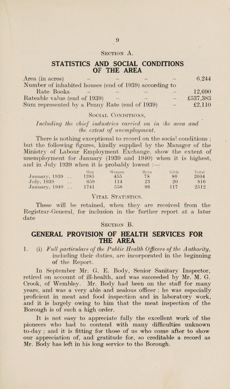 Section A. STATISTICS AND SOCIAL CONDITIONS OF THE AREA Area (in acres) - - - - 6,244 Number of inhabited houses (end of 1939) according to Rate Books - - - - 12,690 Rateable value (end of 1939) - - - £537,383 Sum represented by a Penny Rate (end of 1939) - £2,110 Social Conditions, Including the chief industries carried on in the area and the extent of unemployment. There is nothing exceptional to record on the social conditions ; but the following figures, kindly supplied by the Manager of the Ministry of Labour Employment Exchange, show the extent of unemployment for January (1939 and 1940) when it is highest, and in July 1939 when it is probably lowest :— Men Women Boys Girls Total January, 1939 1385 455 78 86 2004 July, 1939 659 114 23 20 816 January, 1940 . . 1741 558 96 117 2512 Vital Statistics. These will be retained, when they are received from the Registrar-General, for inclusion in the further report at a later date Section B. GENERAL PROVISION OF HEALTH SERVICES FOR THE AREA 1. (i) Full particulars of the Public Health Officers of the Authority, including their duties, are incorporated in the beginning of the Report. In September Mr. G. E. Body, Senior Sanitary Inspector, retired on account of ill-health, and was succeeded by Mr. M. G. Crook, of Wembley. Mr. Body had been on the staff for many years, and was a very able and zealous officer ; he was especially proficient in meat and food inspection and in laboratory work, and it is largely owing to him that the meat inspection of the Borough is of such a high order. It is not easy to appreciate fully the excellent work of the pioneers who had to contend with many difficulties unknown to-day ; and it is fitting for those of us who come after to show our appreciation of, and gratitude for, so creditable a record as Mr. Body has left in his long service to the Borough.