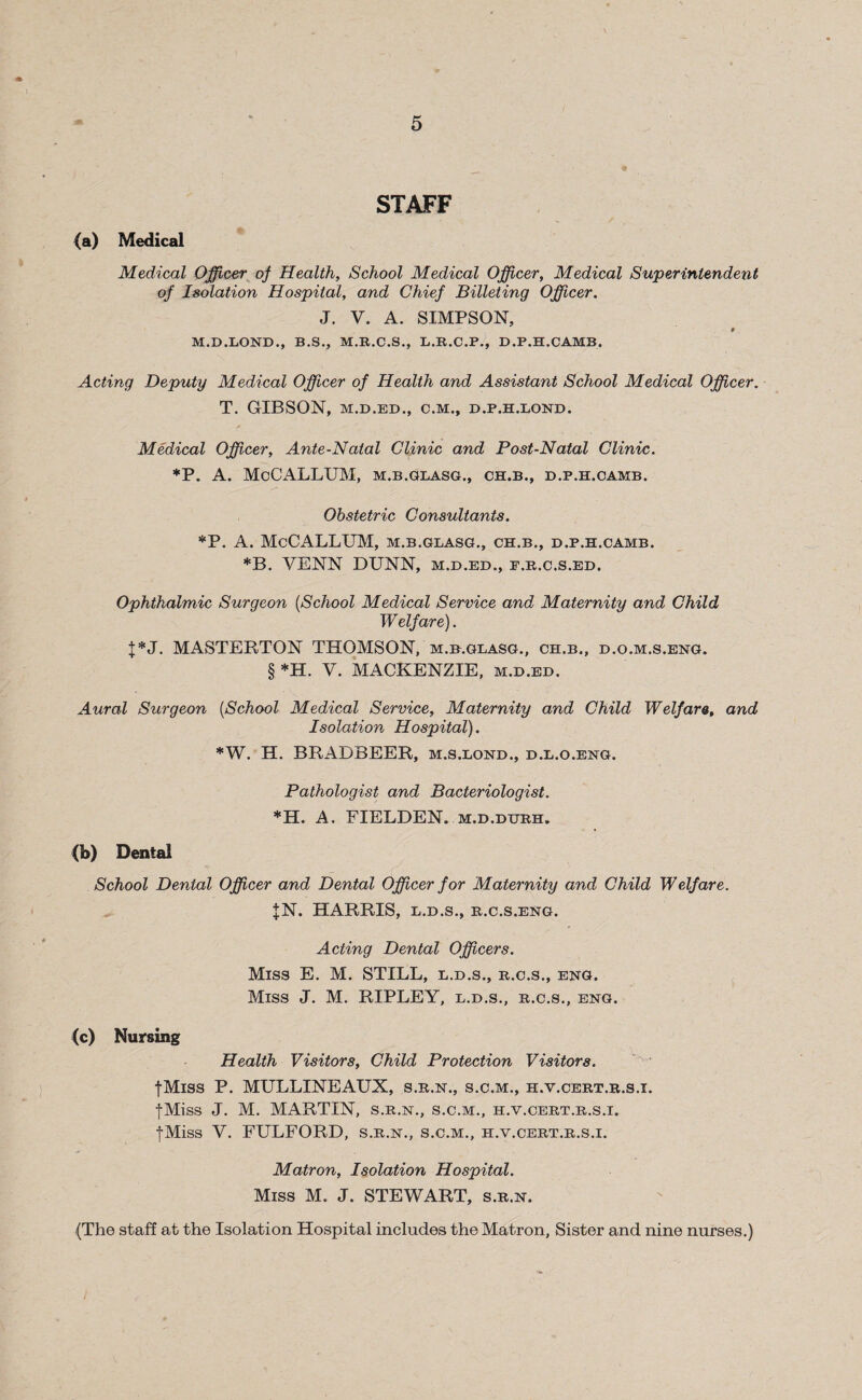 (a) Medical STAFF Medical Officer of Health, School Medical Officer, Medical Superintendent of Isolation Hospital, and Chief Billeting Officer. J. V. A. SIMPSON, $ M.D.LOND., B.S., M.R.C.S., L.R.C.P., D.P.H.CAMB. Acting Deputy Medical Officer of Health and Assistant School Medical Officer. T. GIBSON, M.D.ED., C.M., D.P.H.LOND. Medical Officer, Ante-Natal Clinic and Post-Natal Clinic. *P. A. McCALLUM, m.b.glasg., ch.b., d.p.h.camb. Obstetric Consultants. *P. A. McCALLUM, m.b.glasg., ch.b., d.p.h.camb. *B. VENN DUNN, m.d.ed., e.r.c.s.ed. Ophthalmic Surgeon (School Medical Service and Maternity and Child Welfare). l*J. MASTERTON THOMSON, m.r.glasg., ch.b., d.o.m.s.eng. § *H. V. MACKENZIE, m.d.ed. Aural Surgeon (School Medical Service, Maternity and Child Welfare, and Isolation Hospital). *W. H. BRADBEER, m.s.lond., d.l.o.eng. Pathologist and Bacteriologist. *H. A. FIELDEN. m.d.durh. (b) Dental School Dental Officer and Dental Officer for Maternity and Child Welfare. fN. HARRIS, L.D.S., R.C.S.ENG. Acting Dental Officers. Miss E. M. STILL, l.d.s., r.c.s., eng. Miss J. M. RIPLEY, l.d.s., r.c.s., eng. (c) Nursing Health Visitors, Child Protection Visitors. fMiss P. MULLINEAUX, s.r.n., s.c.m., h.v.cert.r.s.i. fMiss J. M. MARTIN, s.r.n., s.c.m., h.v.cert.r.s.i. fMiss V. FULFORD, s.r.n., s.c.m., h.v.cert.r.s.i. Matron, Isolation Hospital. Miss M. J. STEWART, s.r.n. (The staff at the Isolation Hospital includes the Matron, Sister and nine nurses.)