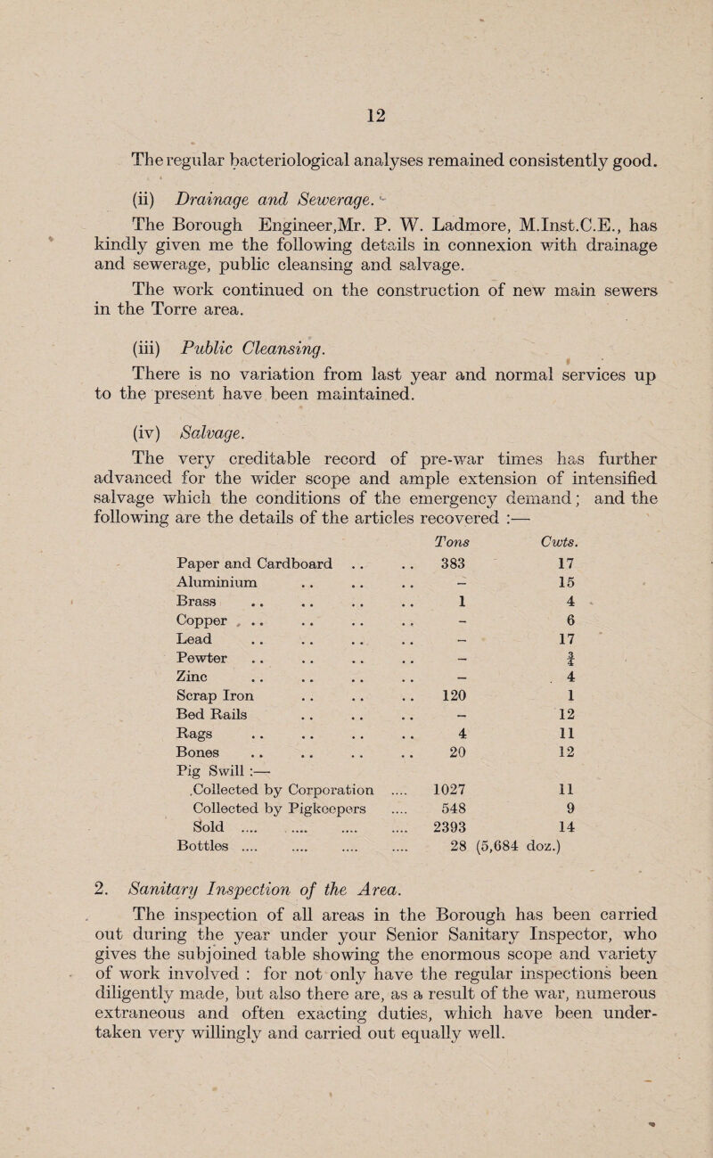 The regular bacteriological analyses remained consistently good. (ii) Drainage and Sewerage. •- The Borough Engineer,Mr. P. W. Ladmore, M.Inst.C.E., has kindly given me the following details in connexion with drainage and sewerage, public cleansing and salvage. The work continued on the construction of new main sewers in the Torre area. (iii) Public Cleansing. There is no variation from last year and normal services up to the present have been maintained. (iv) Salvage. The very creditable record of pre-war times has further advanced for the wider scope and ample extension of intensified salvage which the conditions of the emergency demand; and the following are the details of the articles recovered :— Tons Cwts. Paper and Cardboard 383 17 Aluminium . . — 15 Brass 1 4 Copper . . . - 6 Lead . . — 17 Pewter .. — i Zinc . . — 4 Scrap Iron 120 1 Bed Rails .. — 12 Rags 4 11 Bones 20 12 Pig Swill :— .Collected by Corporation 1027 11 Collected by Pigkeepers 548 9 Sold .... .... 2393 14 Bottles .... 28 (5,684 doz.) 2. Sanitary Inspection of the Area. The inspection of all areas in the Borough has been carried out during the year under your Senior Sanitary Inspector, who gives the subjoined table showing the enormous scope and variety of work involved : for not only have the regular inspections been diligently made, but also there are, as a result of the war, numerous extraneous and often exacting duties, which have been under¬ taken very willingly and carried out equally well.