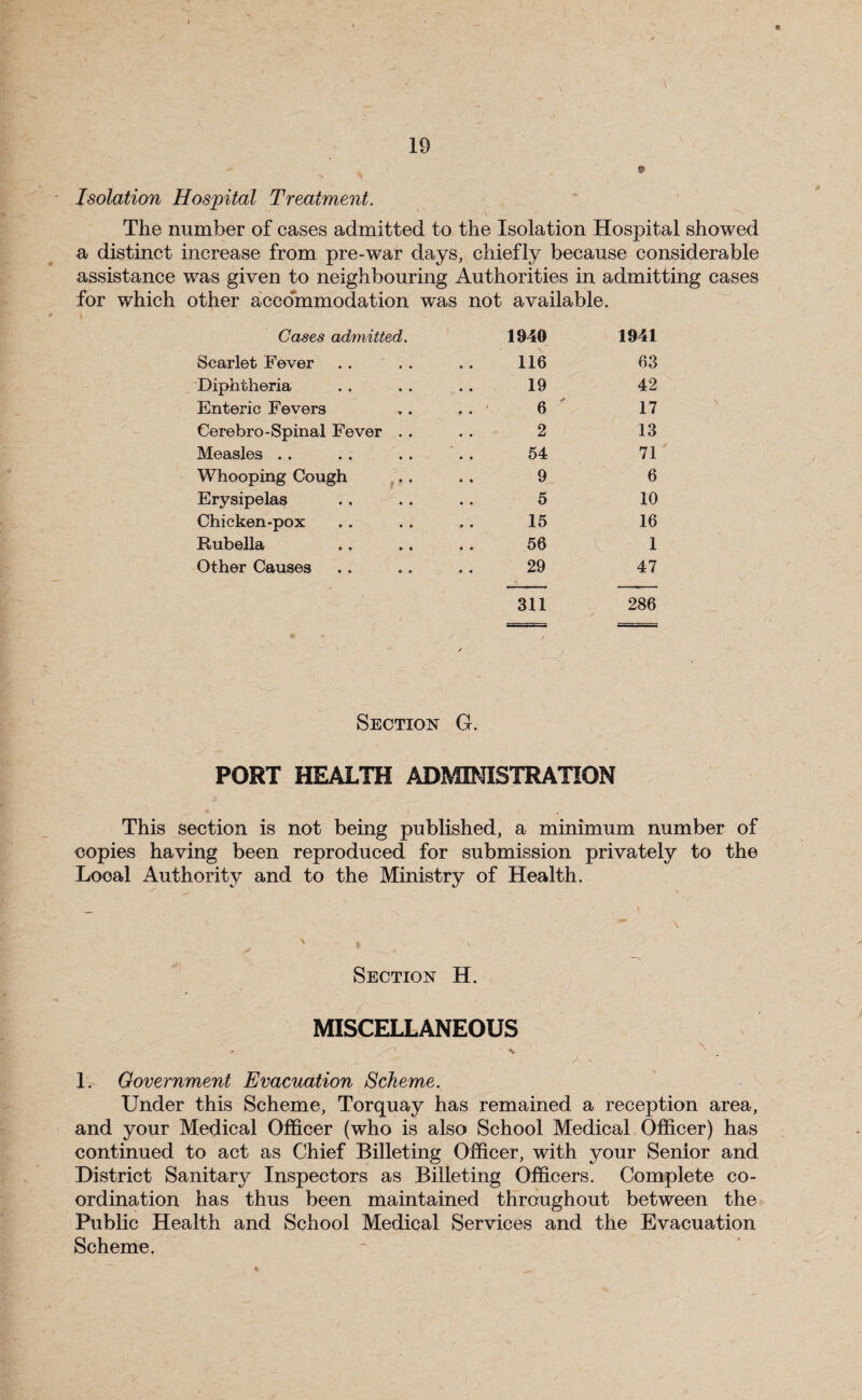 Isolation Hospital Treatment. The number of cases admitted to the Isolation Hospital showed a distinct increase from pre-war days, chiefly because considerable assistance was given to neighbouring Authorities in admitting cases for which other accommodation was not available. Cases admitted. 1940 1941 Scarlet Fever 116 63 Diphtheria 19 42 Enteric Fevers 6 17 Cerebro-Spinal Fever . . 2 13 Measles . . 54 71 Whooping Cough 9 6 Erysipelas 5 10 Chicken-pox 15 16 Rubella 56 1 Other Causes 29 47 311 286 Section G. PORT HEALTH ADMINISTRATION A . 9 - , This section is not being published, a minimum number of copies having been reproduced for submission privately to the Local Authority and to the Ministry of Health. Section H. MISCELLANEOUS I. Government Evacuation Scheme. Under this Scheme, Torquay has remained a reception area, and your Medical Officer (who is also School Medical Officer) has continued to act as Chief Billeting Officer, with your Senior and District Sanitar}^ Inspectors as Billeting Officers. Complete co¬ ordination has thus been maintained throughout between the Public Health and School Medical Services and the Evacuation Scheme.