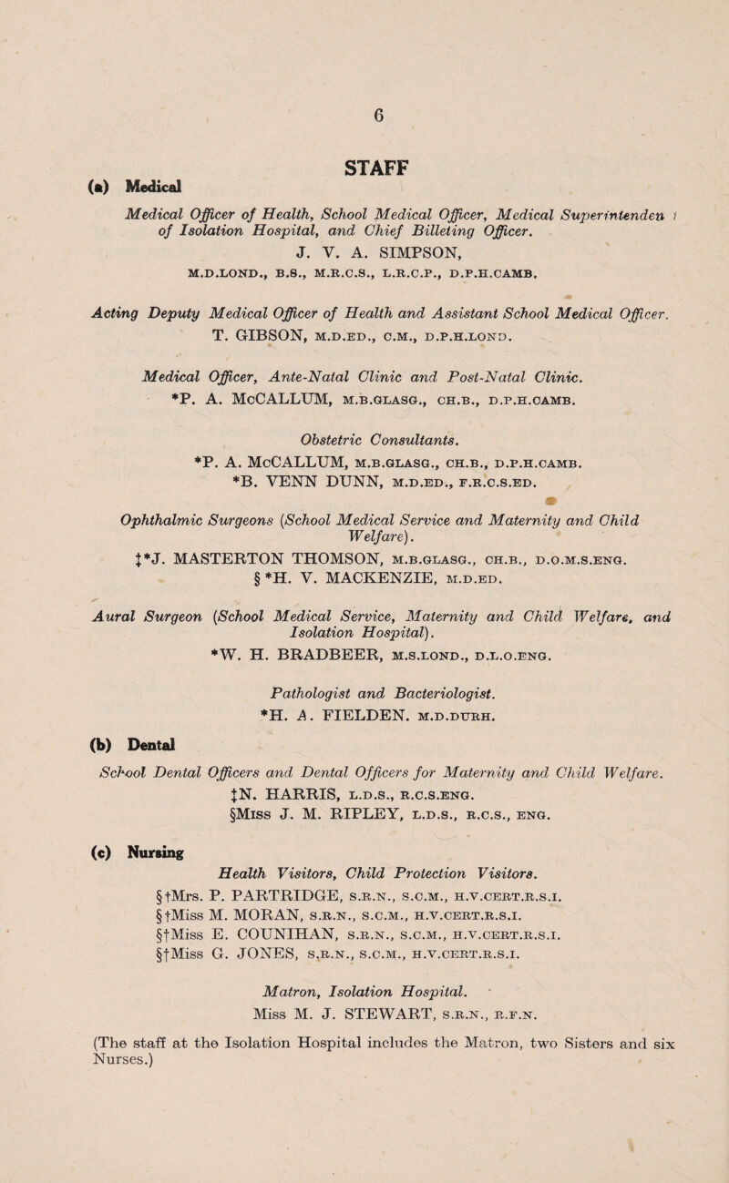 (•) Medical STAFF Medical Officer of Health, School Medical Officer, Medical Superintended, i of Isolation Hospital, and Chief Billeting Officer. J. V. A. SIMPSON, M.D.LOND., B.S., M.R.C.S., L.R.C.P., D.P.H.CAMB. Acting Deputy Medical Officer of Health and Assistant School Medical Officer. T. GIBSON, M.D.ED., C.M., D.P.H.LOND. Medical Officer, Ante-Natal Clinic and Post-Natal Clinic. *P. A. McCALLUM, m.b.glasg., ch.b., d.p.h.camb. Obstetric Consultants. *P. A. McCALLUM, m.b.glasg., ch.b., d.p.h.camb. *B. VENN DUNN, m.d.ed., f.r.c.s.ed. Ophthalmic Surgeons (School Medical Service and Maternity and Child Welfare). {*J. MASTERTON THOMSON, m.b.glasg., ch.b., d.o.m.s.eng. § *H. V. MACKENZIE, m.d.ed. Aural Surgeon (School Medical Service, Maternity and Child Welfare, and Isolation Hospital). *W. H. BRADBEER, m.s.lond., d.l.o.eng. Pathologist and Bacteriologist. *H. A. FIELDEN. m.d.dtjrh. (b) Dental School Dental Officers and Dental Officers for Maternity and Child Welfare. JN. HARRIS, L.D.S., R.C.S.ENG. §Miss J. M. RIPLEY, l.d.s., r.c.s., eng. (c) Nursing Health Visitors, Child Protection Visitors. §tMrs. P. PARTRIDGE, s.r.n., s.c.m., h.v.cert.r.s.i. §fMiss M. MORAN, s.r.n., s.c.m., h.v.cert.r.s.i. §fMiss E. COUNIHAN, s.r.n., s.c.m., h.v.cert.r.s.i. §|Miss G. JONES, s.r.n., s.c.m., h.v.cert.r.s.i. Matron, Isolation Hospital. Miss M. J. STEWART, s.r.n., r.f.n. (The staff at the Isolation Hospital includes the Matron, two Sisters and six Nurses.)