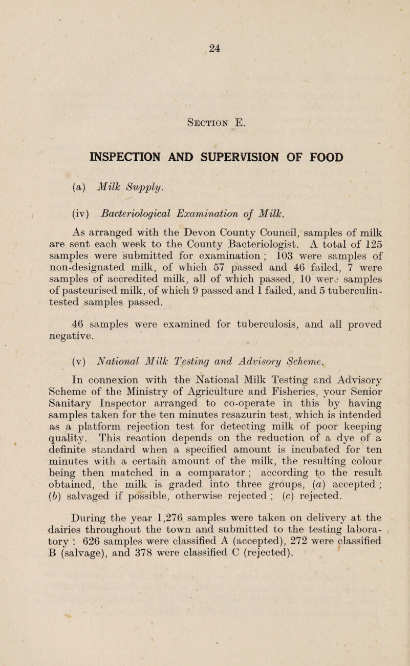 Section E. INSPECTION AND SUPERVISION OF FOOD (a) Milk Supply. (iv) Bacteriological Examination of Milk. As arranged with the Devon County Council, samples of milk are sent each week to the County Bacteriologist. A total of 125 samples were submitted for examination ; 103 were samples of non-designated milk, of which 57 passed and 46 failed, 7 were samples of accredited milk, all of which passed, 10 were samples of pasteurised milk, of which 9 passed and 1 failed, and 5 tuberculin- tested samples passed. 46 samples were examined for tuberculosis, and all proved negative. (v) National Milk Testing and Advisory Scheme. In connexion with the National Milk Testing and Advisory Scheme of the Ministry of Agriculture and Fisheries, your Senior Sanitary Inspector arranged to co-operate in this by having samples taken for the ten minutes resazurin test, which is intended as a platform rejection test for detecting milk of poor keeping quality. This reaction depends on the reduction of a dye of a definite standard when a specified amount is incubated for ten minutes with a certain amount of the milk, the resulting colour being then matched in a comparator ; according to the result obtained, the milk is graded into three groups, (a) accepted; (6) salvaged if possible, otherwise rejected ; (c) rejected. During the year 1,276 samples were taken on delivery at the dairies throughout the town and submitted to the testing labora¬ tory : 626 samples were classified A (accepted), 272 were classified B (salvage), and 378 were classified C (rejected).