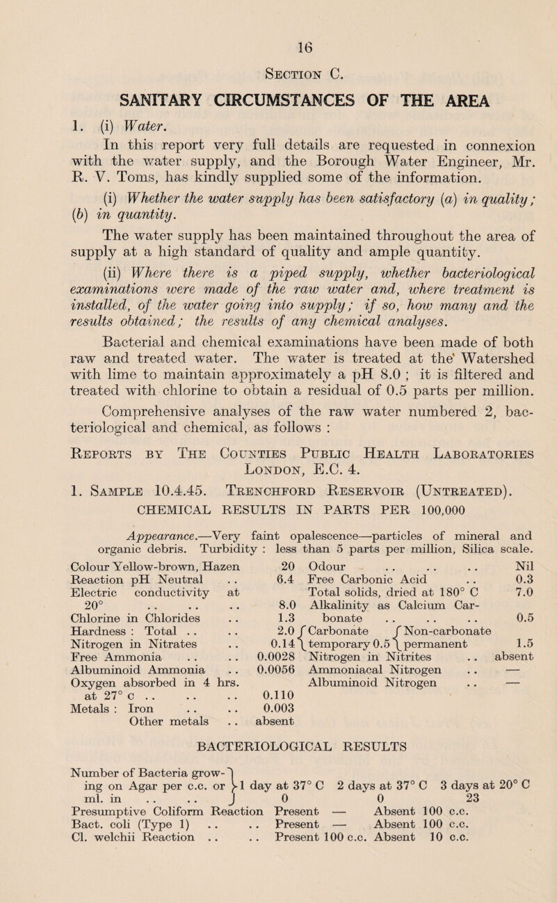 Section C. SANITARY CIRCUMSTANCES OF THE AREA 1. (i) Water. In this report very full details are requested in conne:Kion with the water supply, and the Borough Water Engineer, Mr. R. V. Toms, has kindly supplied some of the information. (i) Whether the water supply has been satisfactory {a) in quality; [h) in quantity. The water supply has been maintained throughout the area of supply at a high standard of quality and ample quantity. (ii) Where there is a piped supply, whether bacteriological examinations were made of the raw water and, where treatment is installed, of the water going into supply; if so, how many and the results obtained; the results of any chemical analyses. Bacterial and chemical examinations have been made of both raw and treated w^ater. The water is treated at the’ Watershed with lime to maintain approximately a pH 8.0 ; it is filtered and treated with chlorine to obtain a residual of 0.5 parts per million. Comprehensive analyses of the raw water numbered 2, bac¬ teriological and chemical, as follows : Reposts by The Counties Public Health Labosatoeies London, E.C. 4. 1. Sample 10.4.45. Teenchfoed Reseevoie (Unteeated). CHEMICAL RESULTS IN PARTS PER 100,000 Appearance.—Very faint opalescence—particles of mineral and organic debris. Turbidity : less than 5 parts per million, Silica scale. Colour Yellow-brown, Hazen 20 Odour Nil Reaction pH Neutral 6.4 Free Carbonic Acid 0.3 Electric conductivity at Total solids, dried at 180° C 7.0 20° • • 8.0 Alkalinity as Calcium Car¬ Chlorine in Chlorides 1.3 bonate 0.5 Hardness ; Total . . , * 2.0 j Carbonate f Non-carbonate Nitrogen in Nitrates • • 0.14*^ ^temporary 0.5 \ permanent 1.5 Free Ammonia • « 0.0028 Nitrogen in Nitrites absent Albuminoid Ammonia 0.0056 Ammoniacal Nitrogen — Oxygen absorbed in 4 hrs. Albuminoid Nitrogen — at 27° c .. , * 0.110 Metals : Iron * , 0.003 Other metals absent BACTERIOLOGICAL RESULTS Number of Bacteria grow-1 ing on Agar per c.c. or ^1 day at 37° C 2 days at 37° C 3 days at 20° C ml. in .... J 0 0 23 Presumptive Coliform Reaction Present — Absent 100 c.c. Bact. coli (Type 1) . . .. Present — Absent 100 c.c. Cl. welchii Reaction .. .. Present 100 c.c. Absent 10 c.c.