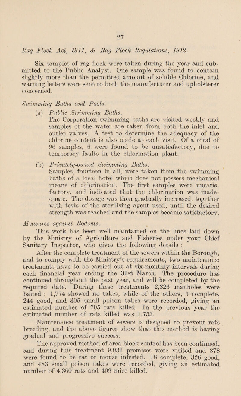 Rag Flock Act, 1911, & Rag Flock Regulations, 1912. Six samples of rag flock were taken, during the year and sub¬ mitted to the Public Analyst. One sample was found to contain slightly more than the permitted amount of soluble Chlorine, and warning letters were sent to both the manufacturer and upholsterer concerned. Swimming Baths and Pools. (a) Public Swimming Baths. The Corporation swimming baths are visited weekly and samples of the water are taken from both the inlet and outlet valves. A test to determine the adequacy of the chlorine content is also made at each visit. Of a total of 96 samples, 6 were found to be unsatisfactory, due to temporary faults in the chlorination plant. (b) Privately-ovmed Swimming Baths. Samples, fourteen in all, were taken from the swimming baths of a local hotel which does not possess mechanical means of chlorination. The first samples were unsatis¬ factory, and indicated that the chlorination was inade¬ quate. The dosage was then gradually increased, together with tests of the sterilising agent used, until the desired strength was reached and the samples became satisfactory. Measures against Rodents. This work has been well maintained on the lines laid down by the Ministry of Agriculture and Fisheries under your Chief Sanitary Inspector, who gives the following details : After the complete treatment of the sewers within the Borough, and to comply with the Ministry’s requirements, two maintenance treatments have to be carried out at six-monthly intervals during each financial year ending the 31st March. The procedure has continued throughout the past year, and will be completed by the required date. During these treatments 2,326 manholes were baited ; 1,774 showed no takes, while of the others, 3 complete, 244 good, and 305 small poison takes were recorded, giving an estimated number of 705 rats killed. In the previous year the estimated number of rats killed was 1,753. Maintenance treatment of sewers is designed to prevent rats breeding, and the above figures show that this method is having gradual and progressive success. The approved method of area block control has been continued, and during this treatment 9,031 premises were visited and 878 were found to be rat or mouse infested. 18 complete, 326 good, and 483 small poison takes were recorded, giving an estimated number of 4,360 rats and 409 mice killed.
