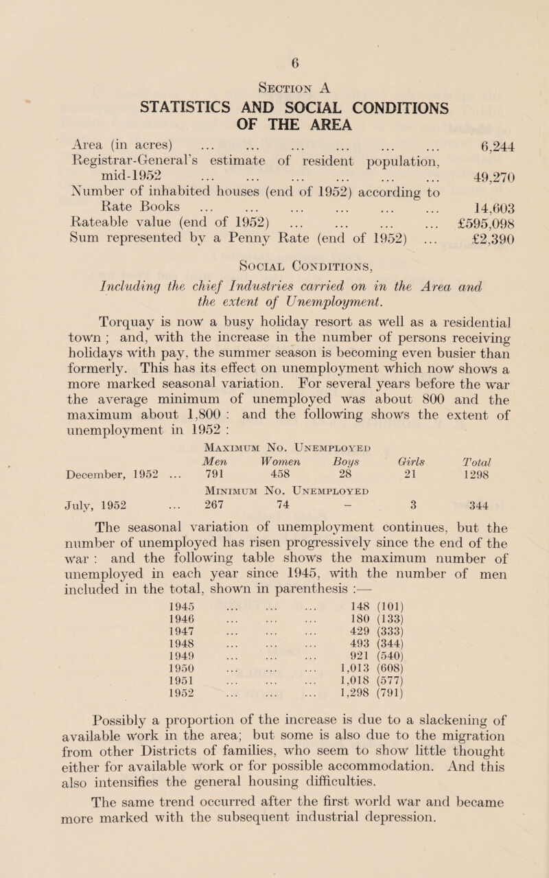 Section A STATISTICS AND SOCIAL CONDITIONS OF THE AREA Area (in acres) ... ... ... ... ... ... 6,244 Registrar-General’s estimate of resident population, mid-1952 . 49,270 Number of inhabited houses (end of 1952) according to Rate Books . 14,603 Rateable value (end of 1952) ... ... ... ... £595,098 Sum represented by a Penny Rate (end of 1952) ... £2,390 Social Conditions, Including the chief Industries carried on in the Area and the extent of Unemployment. Torquay is now a busy holiday resort as well as a residential town ; and, with the increase in the number of persons receiving holidays with pay, the summer season is becoming even busier than formerly. This has its effect on unemployment which now shows a more marked seasonal variation. For several years before the war the average minimum of unemployed was about 800 and the maximum about 1,800 : and the following shows the extent of unemployment in 1952 : Maximum No. Unemployed Men Women Boys Girls Total December, 1952 ... 791 458 28 21 1298 Minimum No. Unemployed July, 1952 267 74 3 344 The seasonal variation of unemployment continues, but the number of unemployed has risen progressively since the end of the war : and the following table shows the maximum number of unemployed in each year since 1945, with the number of men included in the total, shown in parenthesis —- 1945 148 (101) 1946 180 (133) 1947 429 (333) 1948 493 (344) 1949 921 (540) 1950 1,013 (608) 1951 1,018 (577) 1952 1,298 (791) Possibly a proportion of the increase is due to a slackening of available work in the area; but some is also due to the migration from other Districts of families, who seem to show little thought either for available work or for possible accommodation. And this also intensifies the general housing difficulties. The same trend occurred after the first world war and became more marked with the subsequent industrial depression.