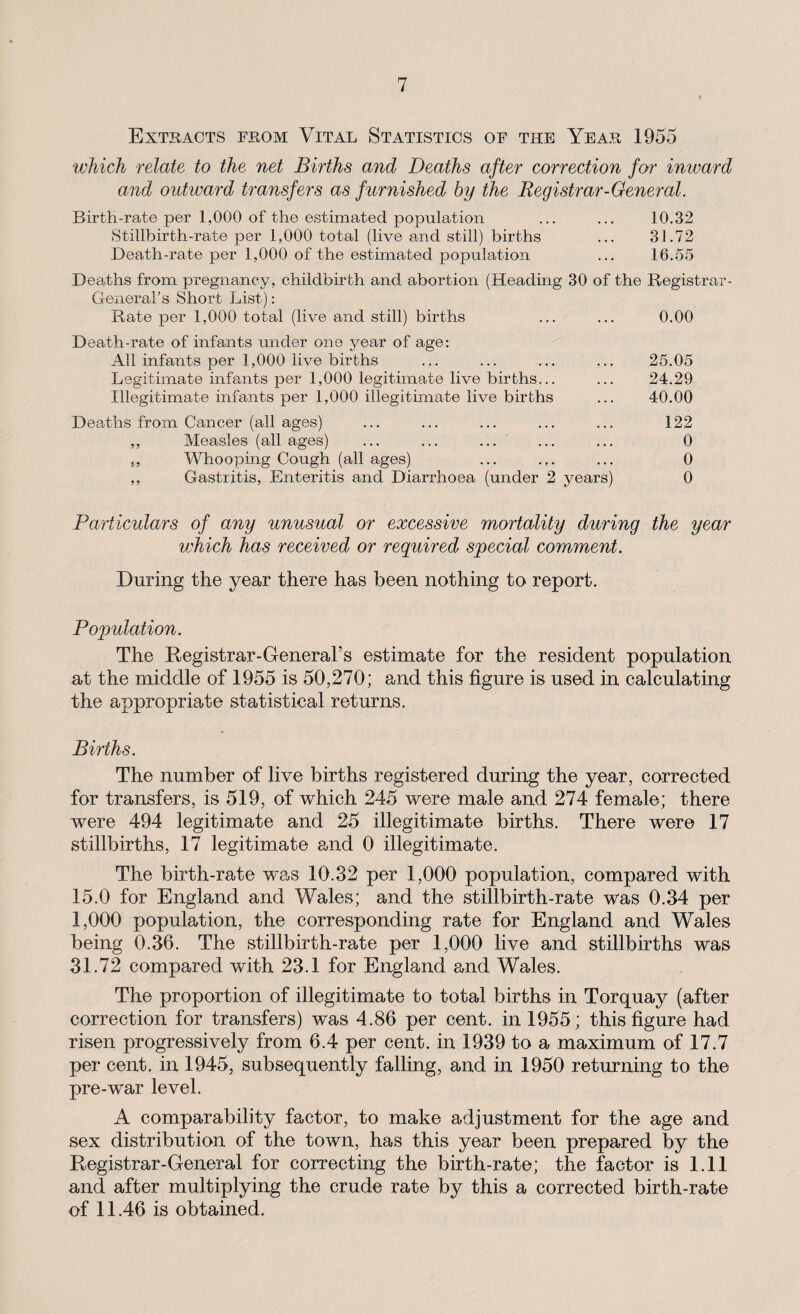 Extracts from Vital Statistics of the Year 1955 which relate to the net Births and Deaths after correction for inward and outward transfers as furnished by the Registrar-General. Birth-rate per 1,000 of the estimated population ... ... 10.32 Stillbirth-rate per 1,000 total (live and still) births ... 31.72 Death-rate per 1,000 of the estimated population ... 16.55 Deaths from pregnancy, childbirth and abortion (Heading 30 of the Registrar- General’s Short List): Rate per 1,000 total (live and still) births ... ... 0.00 Death-rate of infants under one year of age: All infants per 1,000 live births ... ... ... ... 25.05 Legitimate infants per 1,000 legitimate live births... ... 24.29 Illegitimate infants per 1,000 illegitimate live births ... 40.00 Deaths from Cancer (all ages) ... ... ... ... ... 122 ,, Measles (all ages) ... ... ... ... ... 0 ,, Whooping Cough (all ages) ... .,. ... 0 ,, Gastritis, Enteritis and Diarrhoea (under 2 years) 0 Particulars of any unusual or excessive mortality during the year which has received or required special comment. During the year there has been nothing to report. Population. The Registrar-General’s estimate for the resident population at the middle of 1955 is 50,270; and this figure is used in calculating the appropriate statistical returns. Births. The number of live births registered during the year, corrected for transfers, is 519, of which 245 were male and 274 female; there were 494 legitimate and 25 illegitimate births. There were 17 stillbirths, 17 legitimate and 0 illegitimate. The birth-rate was 10.32 per 1,000 population, compared with 15.0 for England and Wales; and the stillbirth-rate was 0.34 per 1,000 population, the corresponding rate for England and Wales being 0.36. The stillbirth-rate per 1,000 live and stillbirths was 31.72 compared with 23.1 for England and Wales. The proportion of illegitimate to total births in Torquay (after correction for transfers) was 4.86 per cent, in 1955; this figure had risen progressively from 6.4 per cent, in 1939 to a maximum of 17.7 per cent, in 1945, subsequently falling, and in 1950 returning to the pre-war level. A comparability factor, to make adjustment for the age and sex distribution of the town, has this year been prepared by the Registrar-General for correcting the birth-rate; the factor is 1.11 and after multiplying the crude rate by this a corrected birth-rate of 11.46 is obtained.