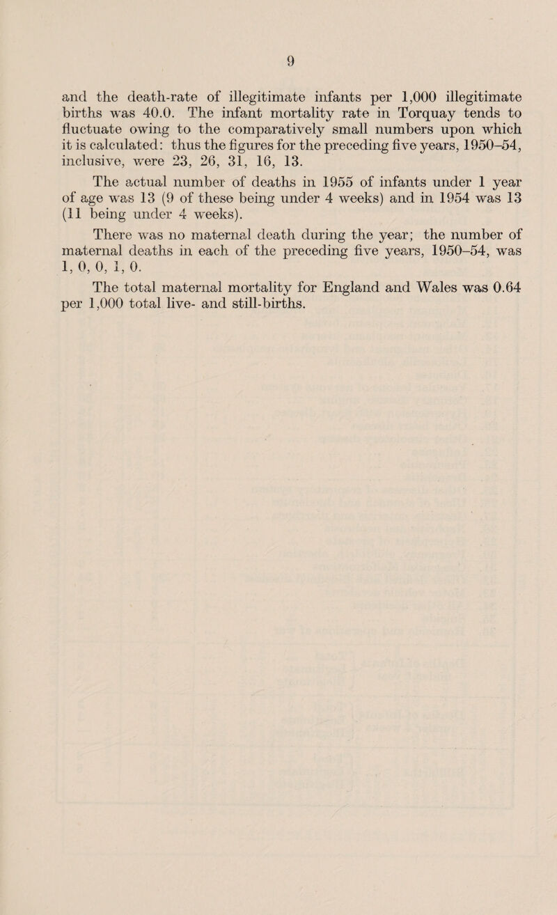 and the death-rate of illegitimate infants per 1,000 illegitimate births was 40.0. The infant mortality rate in Torquay tends to fluctuate owing to the comparatively small numbers upon which it is calculated: thus the figures for the preceding five years, 1950-54, inclusive, were 23, 26, 31, 16, 13. The actual number of deaths in 1955 of infants under 1 year of age w^as 13 (9 of these being under 4 weeks) and in 1954 was 13 (11 being under 4 weeks). There w~as no maternal death during the year; the number of maternal deaths in each of the preceding five years, 1950-54, was 1,0, 0, 1,0. The total maternal mortality for England and Wales was 0.64 per 1,000 total live- and still-births.