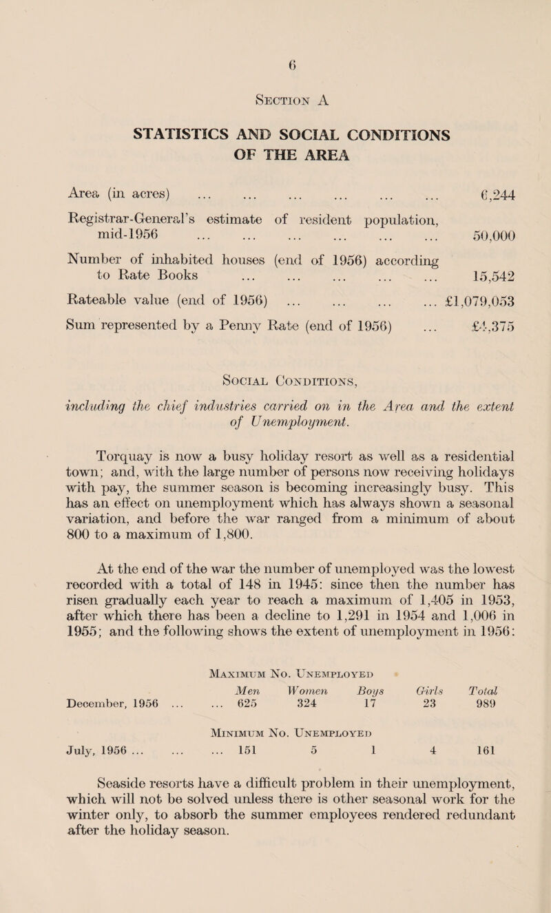 Section A STATISTICS AND SOCIAL CONDITIONS OF THE AREA Area (in acres) ... ... ... ... ... ... 6,244 Registrar-General’s estimate of resident population, mid-1956 . 50,000 Number of inhabited houses (end of 1956) according to Rate Books ... ... ... ... ... 15,542 Rateable value (end of 1956) ... ... ... ... £1,079,053 Sum represented by a Penny Rate (end of 1956) ... £4,375 Social Conditions, including the chief industries carried on in the Area and the extent of Unemployment. Torquay is now a busy holiday resort as well as a residential town; and, with the large number of persons now receiving holidays with pay, the summer season is becoming increasingly busy. This has an effect on unemployment which has always shown a seasonal variation, and before the war ranged from a minimum of about 800 to a maximum of 1,800. At the end of the war the number of unemployed was the lowest recorded with a total of 148 in 1945: since then the number has risen gradually each year to reach a maximum of 1,405 in 1953, after which there has been a decline to 1,291 in 1954 and 1,006 in 1955; and the following shows the extent of unemployment in 1956: Maximum No. Unemployed December, 1956 Men Women Boys ... 625 324 17 Girls 23 Total 989 July, 1956 ... Minimum No. Unemployed ... 151 5 1 4 161 Seaside resorts have a difficult problem in their unemployment, which will not be solved unless there is other seasonal work for the winter only, to absorb the summer employees rendered redundant after the holiday season.