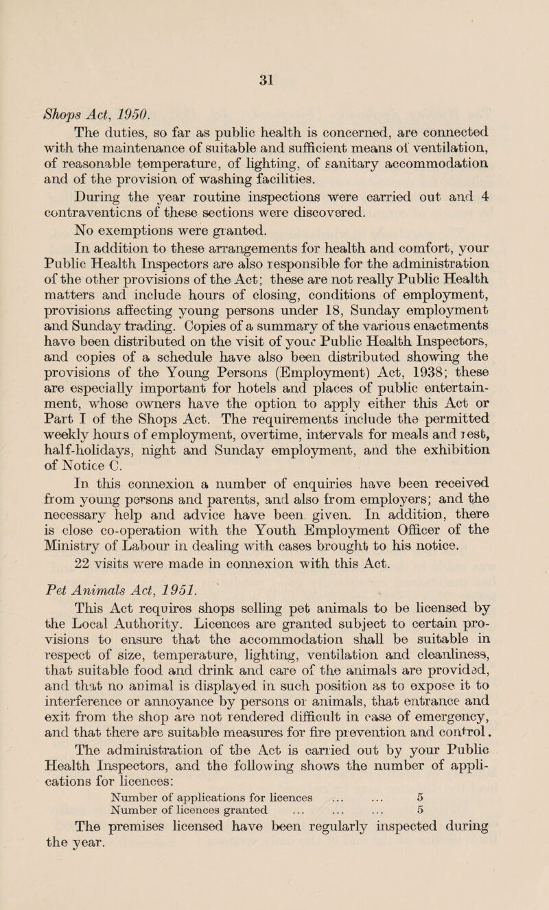 Shops Act, 1950. The duties, so far as public health is concerned, are connected with the maintenance of suitable and sufficient means ol’ ventilation, of reasonable temperature, of lighting, of sanitary accommodation and of the provision of washing facilities. During the year routine inspections were carried out and 4 contraventions of these sections were discovered. No exemptions were granted. In addition to these arrangements for health and comfort, your Public Health Inspectors are also responsible for the administration of the other provisions of the Act; these are not really Public Health matters and include hours of closing, conditions of employment, provisions affecting young persons under 18, Sunday employment and Sunday trading. Copies of a summary of the various enactments have been distributed on the visit of your Public Health Inspectors, and copies of a schedule have also been distributed showing the provisions of the Young Persons (Employment) Act, 1938; these are especially important for hotels and places of public entertain¬ ment, whose owners have the option to apply either this Act or Part I of the Shops Act. The requirements include the permitted weekly horns of employment, overtime, intervals for meals and lest, half-holidays, night and Sunday employment, and the exhibition of Notice C. In this connexion a number of enquiries have been received from young persons and parents, and also from employers; and the necessary help and advice have been given. In addition, there is close co-operation with the Youth Employment Officer of the Ministry of Labour in dealing with cases brought to his notice. 22 visits were made in connexion with this Act. Pet Animals Act, 1951. This Act requires shops selling pet animals to be licensed by the Local Authority. Licences are granted subject to certain pro¬ visions to ensure that the accommodation shall be suitable in respect of size, temperature, lighting, ventilation and cleanliness, that suitable food and drink and care of the animals are provided, and that no animal is displaced in such position as to expose, it to interference or annoyance by persons or animals, that entrance and exit from the shop are not rendered difficult in case of emergency, and that there are suitable measures for fire prevention and control. The administration of the Act is carried out by your Public Health Inspectors, and the following shows the number of appli¬ cations for licences: Number of applications for licences ... ... 5 Number of licences granted ... ... ... 5 The premises licensed have been regularly inspected during the year.