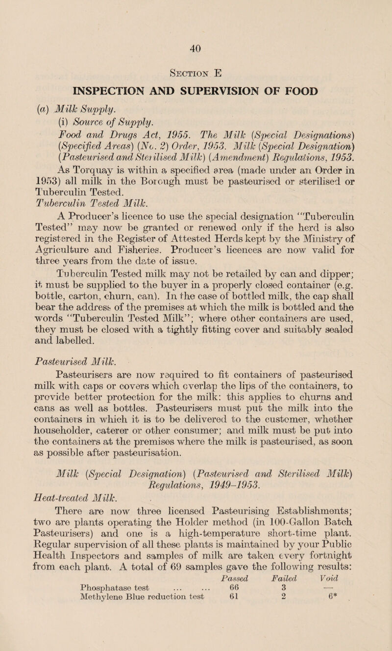 Section E INSPECTION AND SUPERVISION OF FOOD (a) Milk Supply. (i) Source of Supply. Food and Drugs Act, 1955. The Milk (Special Designations) (Specified Areas) (No. 2) Order, 1953. Milk (Special Designation) (Pasteurised and Sterilised Milk) (Amendment) Regulations, 1953. As Torquay is within a specified area (made under an Order in 1953) all milk in the Borough must he pasteurised or sterilised or Tuberculin Tested. Tuberculin Tested Milk. A Producer’s licence to use the special designation “Tuberculin Tested” may now be granted or renewed only if the herd is also registered in the Register of Attested Herds kept by the Ministry of Agriculture and Fisheries. Producer’s licences are now valid for three vears from the date of issue. Tuberculin Tested milk may not be retailed by can and dipper; it must be supplied to the buyer in a properly closed container (e.g. bottle, carton, churn, can). In the case of bottled milk, the cap shall bear the address of the premises at which the milk is bottled and the words “Tuberculin Tested Milk”; where other containers are used, they must be closed with a tightly fitting cover and suitably sealed and labelled. Pasteurised MiIk. Pasteurisers are now required to fit containers of pasteurised milk with caps or covers which overlap the lips of the containers, to provide better protection for the milk: this applies to churns and cans as well as bottles. Pasteurisers must put the milk into the containers in which it is to be delivered to the customer, whether householder, caterer or other consumer; and milk must be put into the containers at the premises where the milk is pasteurised, as soon as possible after pasteurisation. Milk (Special Designation) (Pasteurised and Sterilised Milk) Regulations, 1949-1953. Heat-treated Milk. There are now three licensed Pasteurising Establishments; two are plants operating the Holder method (in 100-Gallon Batch Pasteurisers) and one is a high-temperature short-time plant. Regular supervision of all these plants is maintained by your Public Health Inspectors and samples of milk are taken every fortnight from each plant. A total of 69 samples gave the following results: Passed Failed Void Phosphatase test ... ... 66 3 — Methylene Blue reduction test 61 2 6*