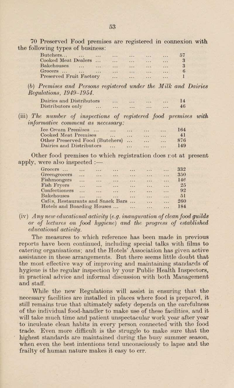 70 Preserved Food premises are registered in connexion with the following types of business: Butchers... ... ... ... ... ... ... 57 Cooked Meat Dealers ... ... ... ... ... 3 Bakehouses ... ... ... ... ... ... 3 Grocers ... ... ... ... ... ... ... 6 Preserved Fruit Factory ... ... ... ... 1 (6) Premises and Persons registered under the Milk and Dairies Regulations, 1949-1954. Dairies and Distributors ... ... ... ... 14 Distributors only ... ... ... ... ... 46 (iii) The number of inspections of registered food premises with informative comment as necessary: Ice Cream Premises ... ... ... ... ... 164 Cooked Meat Premises ... ... ... ... 41 Other Preserved Food (Butchers) ... ... ... 876 Dairies and Distributors ... ... ... ... 149 Other food premises to which registration does not at present apply, were also inspected : — Grocers ... ... ... ... ... ... ... 332 Greengrocers ... ... ... ... ... ... 350 Fishmongers ... ... ... ... ... ... 146 Fish Fryers ... ... ... ... ... ... 25 Confectioners ... ... ... ... ... ... 92 Bakehouses ... ... ... ... ... ... 51 Cafes, Restaurants and Snack Bars ... ... ... 260 Hotels and Boarding Houses ... ... ... ... 184 (iv) Any new educational activity (e.g. inauguration of clean food guilds or of lectures on food hygiene) and the progress of established educational activity. The measures to which reference has been made in previous reports have been continued, including special talks with films to catering organisations; and the Hotels’ Association has given active assistance in these arrangements. But there seems little doubt that the most effective w^ay of improving and maintaining standards of hygiene is the regular inspection by your Public Health Inspectors, in practical advice and informal discussion with both Management and staff. While the new Regulations will assist in ensuring that the necessary facilities are installed in places where food is prepared, it still remains true that ultimately safety depends on the carefulness of the individual food-handler to make use of these facilities, and it will take much time and patient unspectacular work year after year to inculcate clean habits in every person connected with the food trade. Even more difficult is the struggle to make sure that the highest standards are maintained during the busy summer season, when even the best intentions tend unconsciously to lapse and the frailty of human nature makes it easy to err.