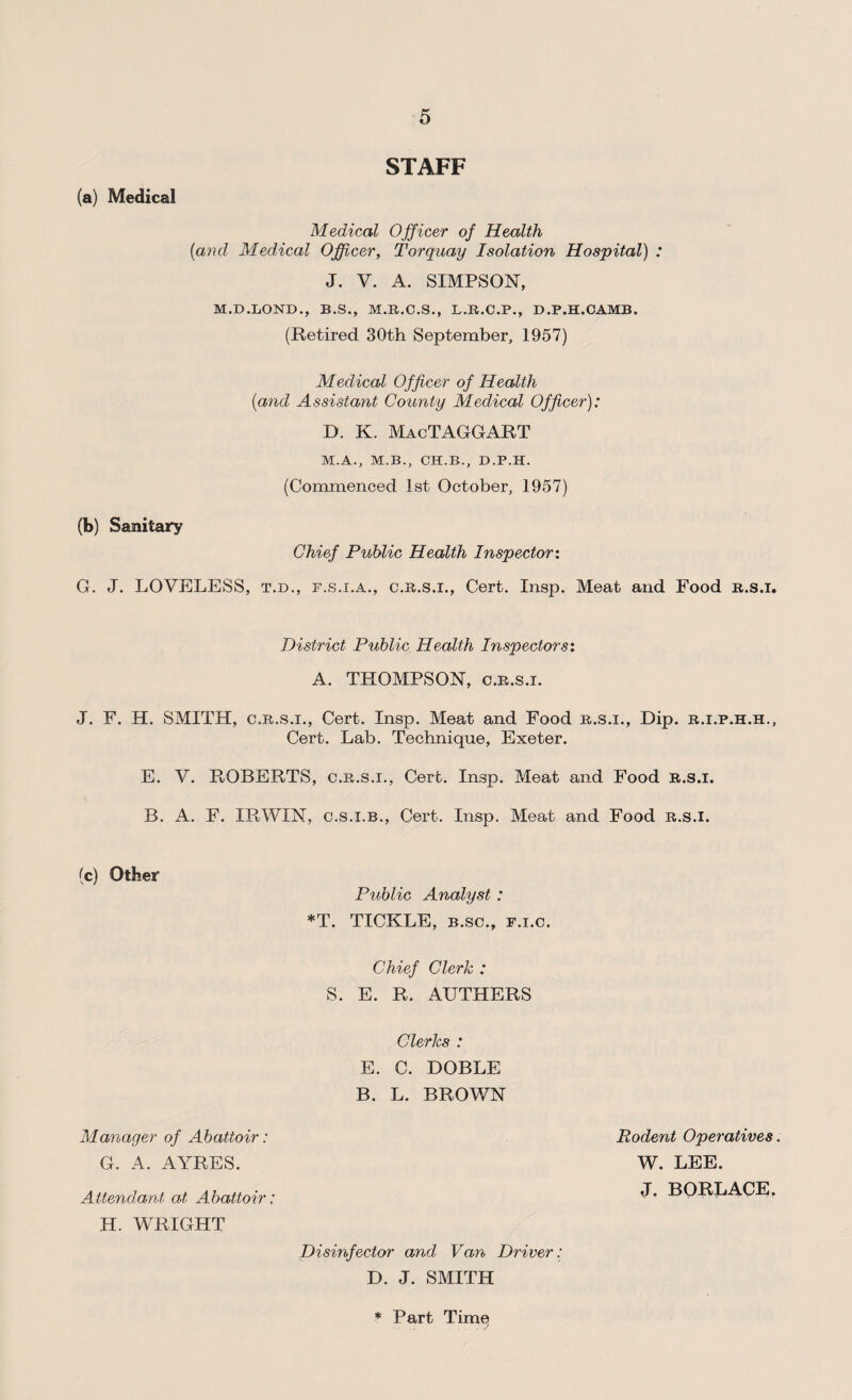 STAFF (a) Medical Medical Officer of Health (and Medical Officer, Torquay Isolation Hospital) : J. V. A. SIMPSON, M.D.LOND., B.S., M.R.C.S., L.R.C.P., D.P.H.CAMB. (Retired 30th September, 1957) Medical Officer of Health (and Assistant County Medical Officer): D. K. MacTAGGART M.A., M.B., CH.B., D.P.H. (Commenced 1st October, 1957) (b) Sanitary Chief Public Health Inspector: G. J. LOVELESS, t.d., f.s.i.a., c.r.s.i., Cert. Insp. Meat and Food r.s.i. District Public Health Inspectors: A. THOMPSON, c.r.s.i. J. F. H. SMITH, c.r.s.i., Cert. Insp. Meat and Food r.s.i., Dip. r.i.p.h.h.. Cert. Lab. Technique, Exeter. E. V. ROBERTS, c.r.s.i., Cert. Insp. Meat and Food r.s.i. B. A. F. IRWIN, c.s.i.b., Cert. Insp. Meat and Food r.s.i. (c) Other Public Analyst : *T. TICKLE, b.sc., f.i.c. Chief Clerk : S. E. R. AUTHERS Clerks : E. C. DOBLE B. L. BROWN Manager of Abattoir: G. A. AYRES. Attendant at Abattoir: H. WRIGHT Disinfector and Van Driver: D. J. SMITH Rodent Operatives. W. LEE. J. BORLACE. * Part Time