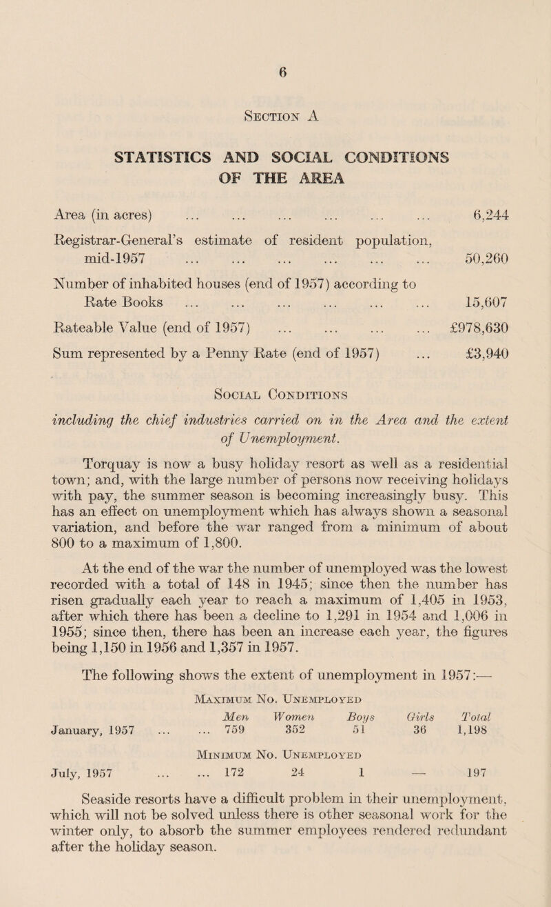 Section A STATISTICS AND SOCIAL CONDITIONS OF THE AREA Area (in acres) Registrar-General’s estimate of resident population, mid-1957 ... Number of inhabited houses (end of 1957) according to Rate Rooks Rateable Value (end of 1957) Sum represented by a Penny Rate (end of 1957) 6,244 50,260 15,607 £978,630 £3,940 Social Conditions including the chief industries carried on in the Area and the extent of Unemployment. Torquay is now a busy holiday resort as well as a residential town; and, with the large number of persons now receiving holidays with pay, the summer season is becoming increasingly busy. This has an effect on unemployment which has always shown a seasonal variation, and before the war ranged from a minimum of about 800 to a maximum of 1,800. At the end of the war the number of unemployed was the lowest recorded with a total of 148 in 1945; since then the number has risen gradually each year to reach a maximum of 1,405 in 1953, after which there has been a decline to 1,291 in 1954 and 1,006 in 1955; since then, there has been an increase each year, the figures being 1,150 in 1956 and 1,357 in 1957. The following shows the extent of unemployment in 1957:-— Maximum No. Unemployed January, 1957 Men Women Boys . 759 352 51 Girls 36 Total 1,198 July, 1957 Minimum No. Unemployed ... 172 24 1 197 Seaside resorts have a difficult problem in their unemployment, which will not be solved unless there is other seasonal work for the winter only, to absorb the summer employees rendered redundant after the holiday season.
