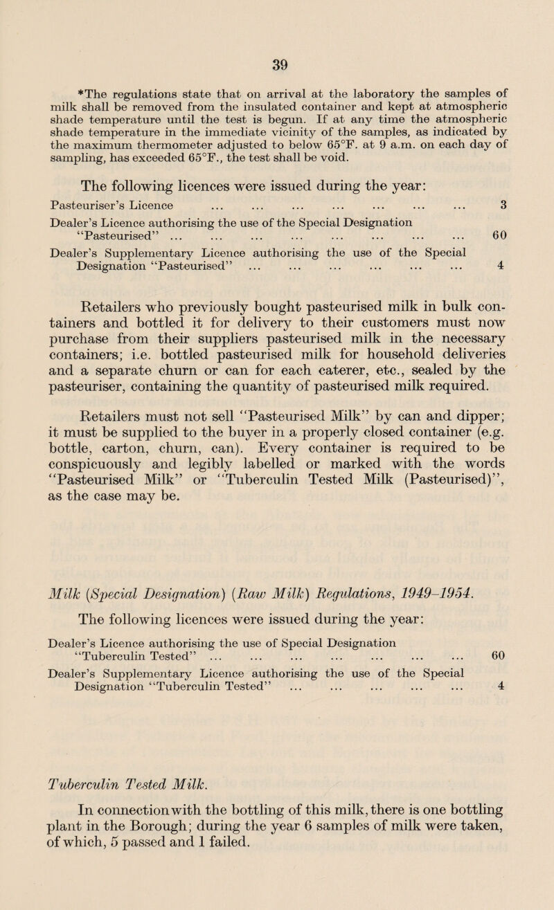 *The regulations state that on arrival at the laboratory the samples of milk shall be removed from the insulated container and kept at atmospheric shade temperature until the test is begun. If at any time the atmospheric shade temperature in the immediate vicinity of the samples, as indicated by the maximum thermometer adjusted to below 65°F. at 9 a.m. on each day of sampling, has exceeded 65°F., the test shall be void. The following licences were issued during the year: Pasteuriser’s Licence Dealer’s Licence authorising the use of the Special Designation “Pasteurised” ... Dealer’s Supplementary Licence authorising the use of the Special Designation “Pasteurised” 3 60 4 Retailers who previously bought pasteurised milk in bulk con¬ tainers and bottled it for delivery to their customers must now purchase from their suppliers pasteurised milk in the necessary containers; i.e. bottled pasteurised milk for household deliveries and a separate churn or can for each caterer, etc., sealed by the pasteuriser, containing the quantity of pasteurised milk required. Retailers must not sell “Pasteurised Milk” by can and dipper; it must be supplied to the buyer in a properly closed container (e.g. bottle, carton, churn, can). Every container is required to be conspicuously and legibly labelled or marked with the words “Pasteurised Milk” or “Tuberculin Tested Milk (Pasteurised)”, as the case may be. Milk (Special Designation) (Raw Milk) Regulations, 1949-1954. The following licences were issued during the year: Dealer’s Licence authorising the use of Special Designation “Tuberculin Tested” ... ... ... ... ... ... ... 60 Dealer’s Supplementary Licence authorising the use of the Special Designation “Tuberculin Tested” ... ... ... ... ... 4 Tuberculin Tested Milk. In connection with the bottling of this milk, there is one bottling plant in the Borough; during the year 6 samples of milk were taken, of which, 5 passed and I failed.