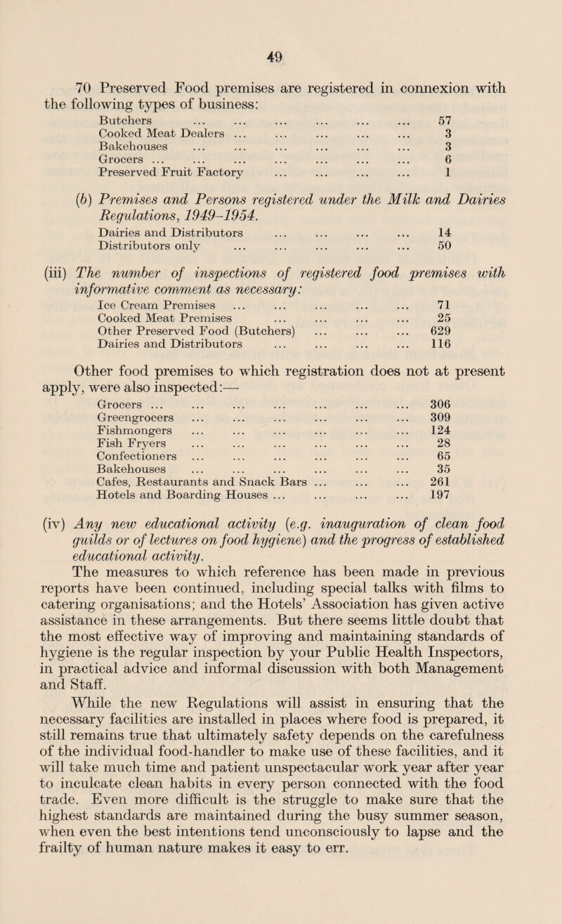 70 Preserved Food premises are registered in connexion with the following types of business: Butchers ... ... ... ... ... ... 57 Cooked Meat Dealers ... ... ... ... ... 3 Bakehouses ... ... ... ... ... ... 3 Grocers ... ... ... ... ... ... ... 6 Preserved Fruit Factory ... ... ... ... 1 (b) Premises and Persons registered under the Milk and Dairies Regulations, 1949-1964. Dairies and Distributors ... ... ... ... 14 Distributors only ... ... ... ... ... 50 (iii) The number of inspections of registered food premises with informative comment as necessary: Ice Cream Premises ... ... ... ... ... 71 Cooked Meat Premises ... ... ... ... 25 Other Preserved Food (Butchers) ... ... ... 629 Dairies and Distributors ... ... ... ... 116 Other food premises to which registration does not at present apply, were also inspected:—- Grocers ... ... ... ... ... ... ... 306 Greengrocers ... ... ... ... ... ... 309 Fishmongers ... ... ... ... ... ... 124 Fish Fryers ... ... ... ... ... ... 28 Confectioners ... ... ... ... ... ... 65 Bakehouses ... ... ... ... ... ... 35 Cafes, Restaurants and Snack Bars ... ... ... 261 Hotels and Boarding Houses ... ,.. ... ... 197 (iv) Any new educational activity (e.g. inauguration of clean food guilds or of lectures on food hygiene) and the progress of established educational activity. The measures to which reference has been made in previous reports have been continued, including special talks with films to catering organisations; and the Hotels’ Association has given active assistance in these arrangements. But there seems little doubt that the most effective way of improving and maintaining standards of hygiene is the regular inspection by your Public Health Inspectors, in practical advice and informal discussion with both Management and Staff. While the new Regulations will assist in ensuring that the necessary facilities are installed in places where food is prepared, it still remains true that ultimately safety depends on the carefulness of the individual food-handler to make use of these facilities, and it will take much time and patient unspectacular work year after year to inculcate clean habits in every person connected with the food trade. Even more difficult is the struggle to make sure that the highest standards are maintained during the busy summer season, when even the best intentions tend unconsciously to lapse and the frailty of human nature makes it easy to err.