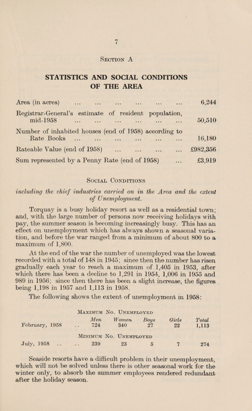 Section A STATISTICS AND SOCIAL CONDITIONS OF THE AREA Area (in acres) ... ... ... ... ... ... 6,244 Registrar-General’s estimate of resident population, mid-1958 ... ... ... ... ... ... 50,510 Number of inhabited houses (end of 1958) according to Rate Books ... ... ... ... ... ... 16,180 Rateable Value (end of 1958) ... ... ... ... £982,356 Sum represented by a Penny Rate (end of 1958) ... £3,919 Social Conditions including the chief industries carried on in the Area and the extent of Unemployment. Torquay is a busy holiday resort as well as a residential town; and, with the large number of persons now receiving holidays with pay, the summer season is becoming increasingly busy. This has an effect on unemployment which has always shown a seasonal varia¬ tion, and before the war ranged from a minimum of about 800 to a maximum of 1,800. At the end of the war the number of unemployed was the lowest recorded with a total of 148 in 1945; since then the number has risen gradually each year to reach a maximum of 1,405 in 1953, after which there has been a decline to 1,291 in 1954, 1,006 in 1955 and 989 in 1956; since then there has been a slight increase, the figures being 1,198 in 1957 and 1,113 in 1958. The following shows the extent of unemployment in 1958: Maximum No. Unemployed Men Women Boys Girls Total February, 1958 .. 724 340 27 22 1,113 Minimum No. Unemployed July, 1958 . . . . 239 23 5 7 274 Seaside resorts have a difficult problem in their unemployment, which will not be solved unless there is other seasonal work for the winter only, to absorb the summer employees rendered redundant after the holiday season.