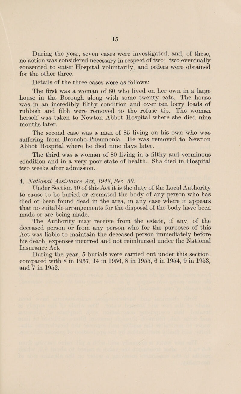During the year, seven cases were investigated, and, of these, no action was considered necessary in respect of two; two eventually consented to enter Hospital voluntarily, and orders were obtained for the other three. Details of the three cases were as follows: The first was a woman of 80 who lived on her own in a large house in the Borough along with some twenty cats. The house was in an incredibly filthy condition and over ten lorry loads of rubbish and filth were removed to the refuse tip. The woman herself was taken to Newton Abbot Hospital where she died nine months later. The second case was a man of 85 living on his own who was suffering from Broncho-Pneumonia. He was removed to Newton Abbot Hospital where he died nine days later. The third was a woman of 80 living in a filthy and verminous condition and in a very poor state of health. She died in Hospital two weeks after admission. 4. National Assistance Act, 1948, Sec. 50. Under Section 50 of this Act it is the duty of the Local Authority to cause to be buried or cremated the body of any person who has died or been found dead in the area, in any case where it appears that no suitable arrangements for the disposal of the body have been made or are being made. The Authority may receive from the estate, if any, of the deceased person or from any person who for the purposes of this Act was liable to maintain the deceased person immediately before his death, expenses incurred and not reimbursed under the National Insurance Act. During the year, 5 burials were carried out under this section, compared with 8 in 1957, 14 in 1956, 8 in 1955, 6 in 1954, 9 in 1953, and 7 in 1952.