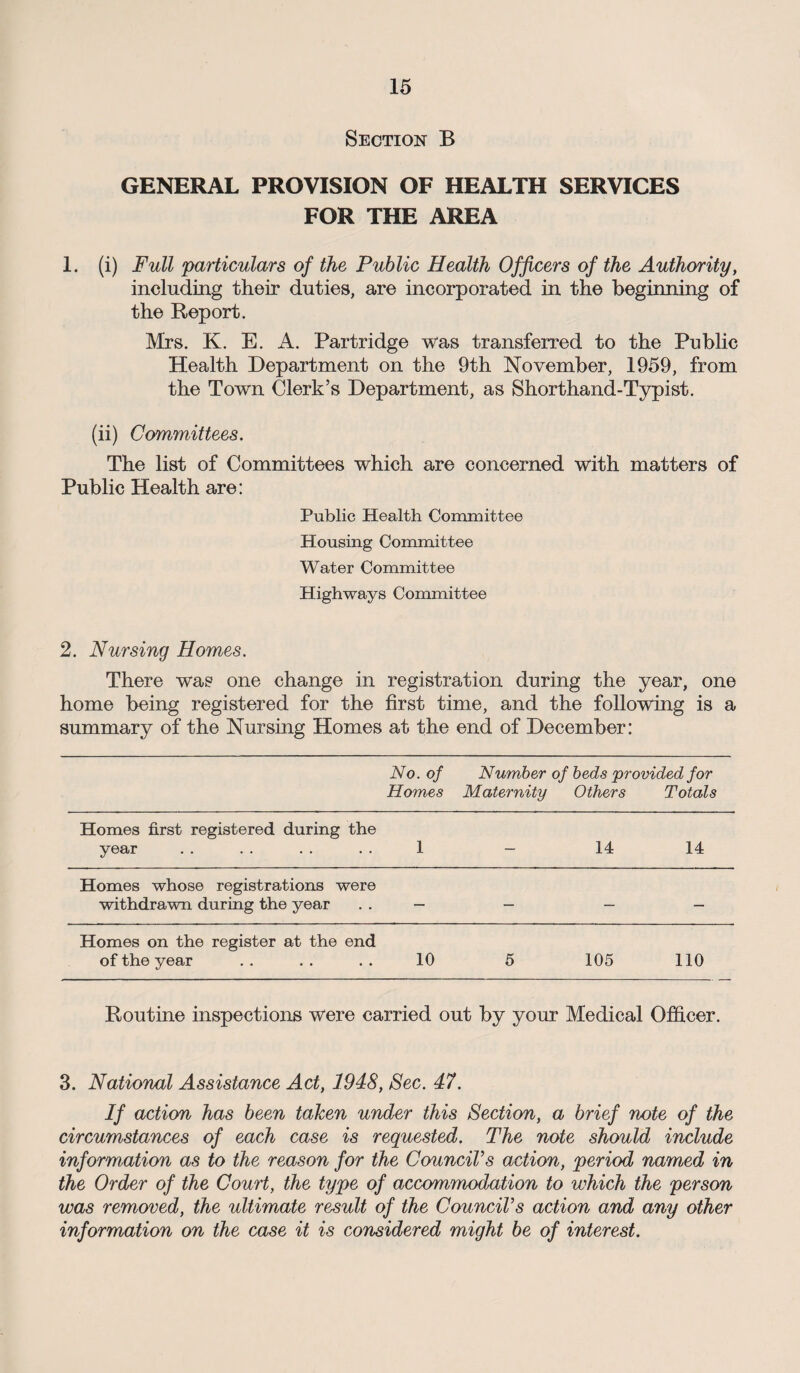Section B GENERAL PROVISION OF HEALTH SERVICES FOR THE AREA 1. (i) Full particulars of the Public Health Officers of the Authority, including their duties, are incorporated in the beginning of the Report. Mrs. K. E. A. Partridge was transferred to the Public Health Department on the 9th November, 1959, from the Town Clerk’s Department, as Shorthand-Typist. (ii) Committees. The list of Committees which are concerned with matters of Public Health are: Public Health Committee Housing Committee Water Committee Highways Committee 2. Nursing Homes. There was one change in registration during the year, one home being registered for the first time, and the following is a summary of the Nursing Homes at the end of December: No. of Homes Number of beds provided for Maternity Others Totals Homes first registered during the year 1 — 14 14 Homes whose registrations were withdrawn during the year — — — — Homes on the register at the end of the year 10 5 105 110 Routine inspections were carried out by your Medical Officer. 3. National Assistance Act, 1948, Sec. 47. If action has been taken under this Section, a brief note of the circumstances of each case is requested. The note should include information as to the reason for the Council’s action, period named in the Order of the Court, the type of accommodation to which the person was removed, the ultimate result of the Council’s action and any other information on the case it is considered might be of interest.